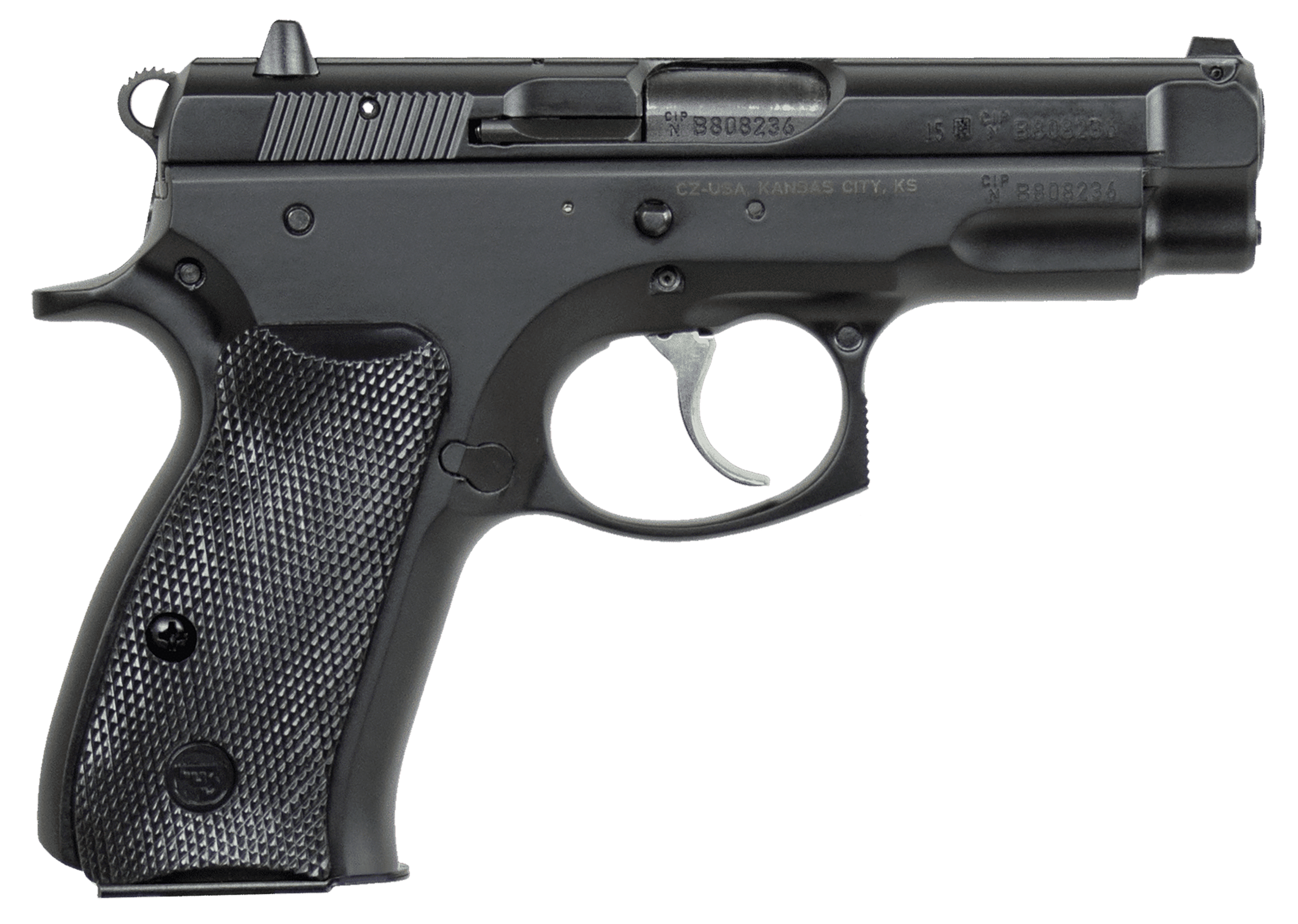 CZ-USA 91190 75 Compact 9mm Luger 15+1 3.75" Black Steel Barrel & Serrated Slide, Black Polycoat Steel Frame w/Beavertail, Black Plastic Grip, Right Hand