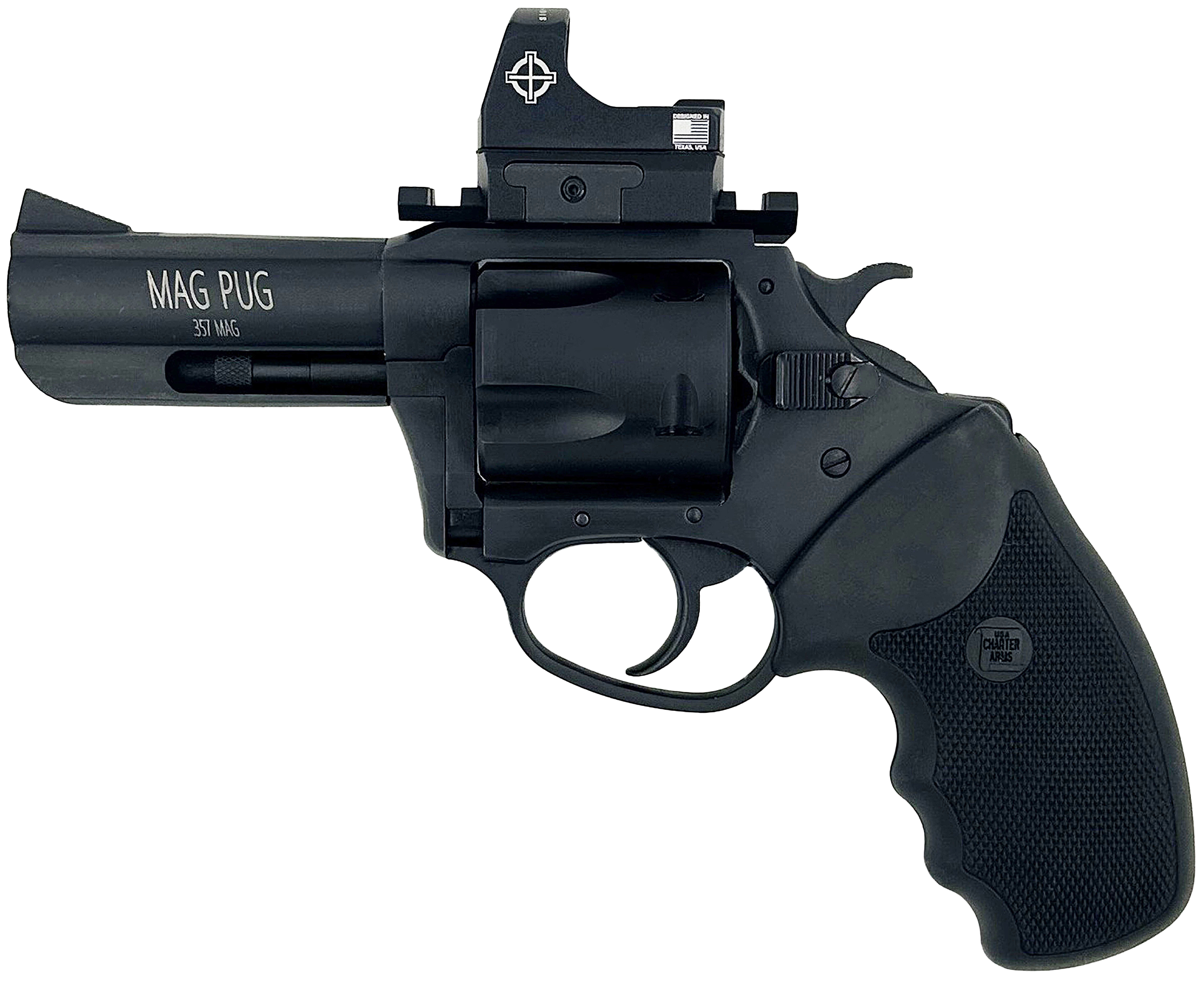 Charter Arms 13535 Mag Pug Large 357 Mag 5 Shot, 3" Black Passivate Steel Barrel & Cylinder, Black Passivate Steel w/Picatinny Rail Frame. Black Combat Rubber Grip, Includes Micro Optic