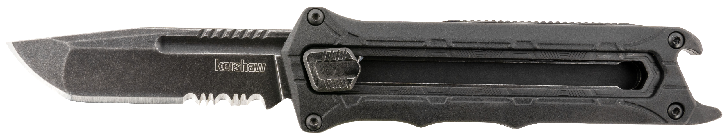 Kershaw 1195 Interstellar  2.70" OTF Tanto Part Serrated Black Oxide Blackwash 8Cr13MoV SS Blade, Black Textured w/Bottle Opener Glass-Filled Nylon Handle, Includes Pocket Clip
