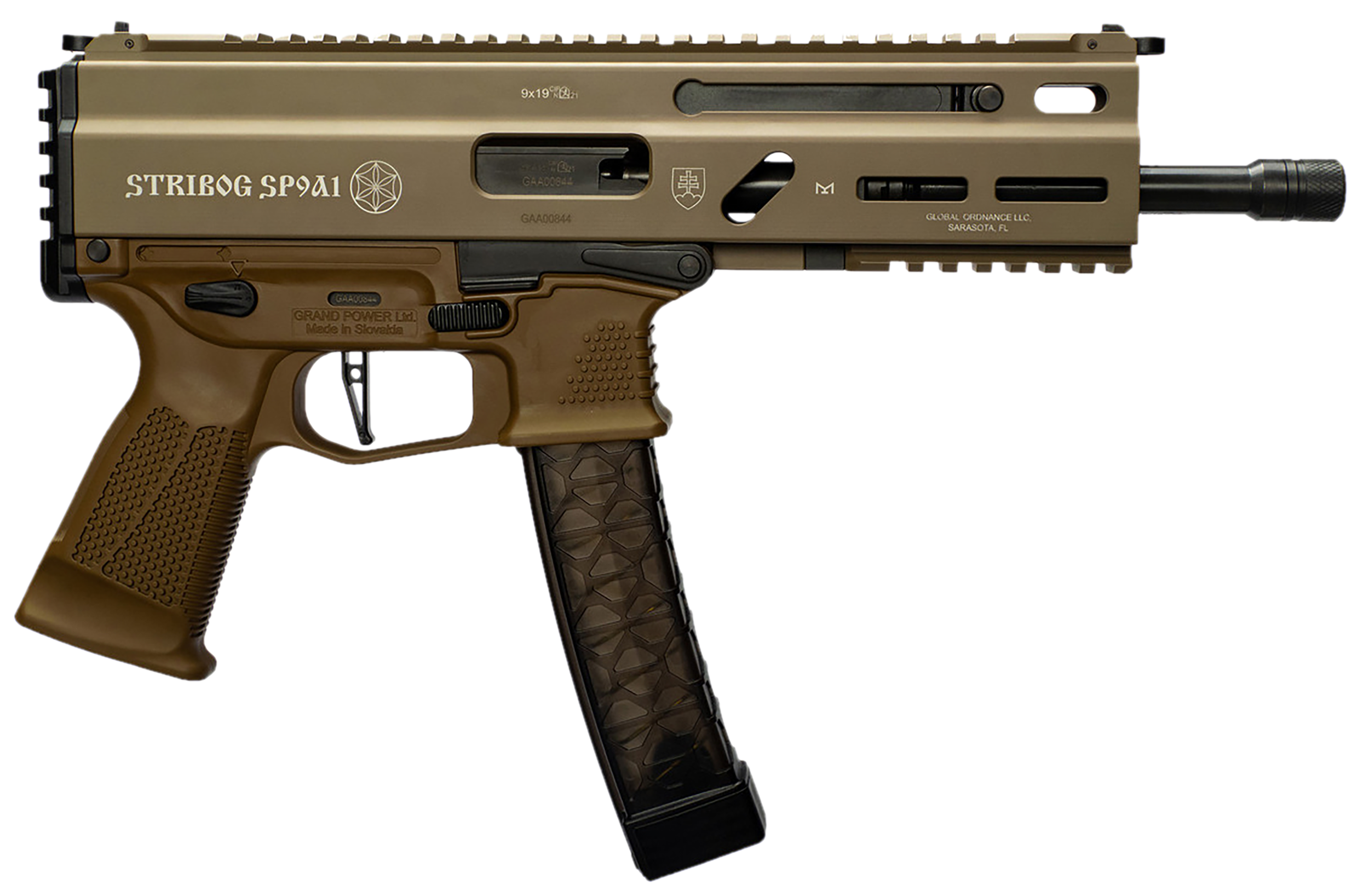 Grand Power 197892004763 SP9A1 Stribog 9mm Luger 30+1 8" Black Threaded Barrel, M-LOK Handguard, Flat Dark Earth Aluminum Picatinny Rail Receiver, FDE Polymer Grip, Thread Protector