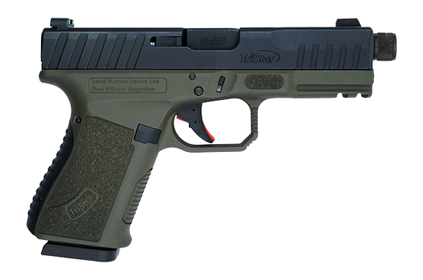 TriStar 85786 Apoc Pro 9mm Luger 15+1 4.50" Black Threaded Barrel, Black Cerakote Steel Optic Ready/Serrated Slide, OD Green Polymer Frame w/Picatinny Rail, Interchangeable Backstrap Grip
