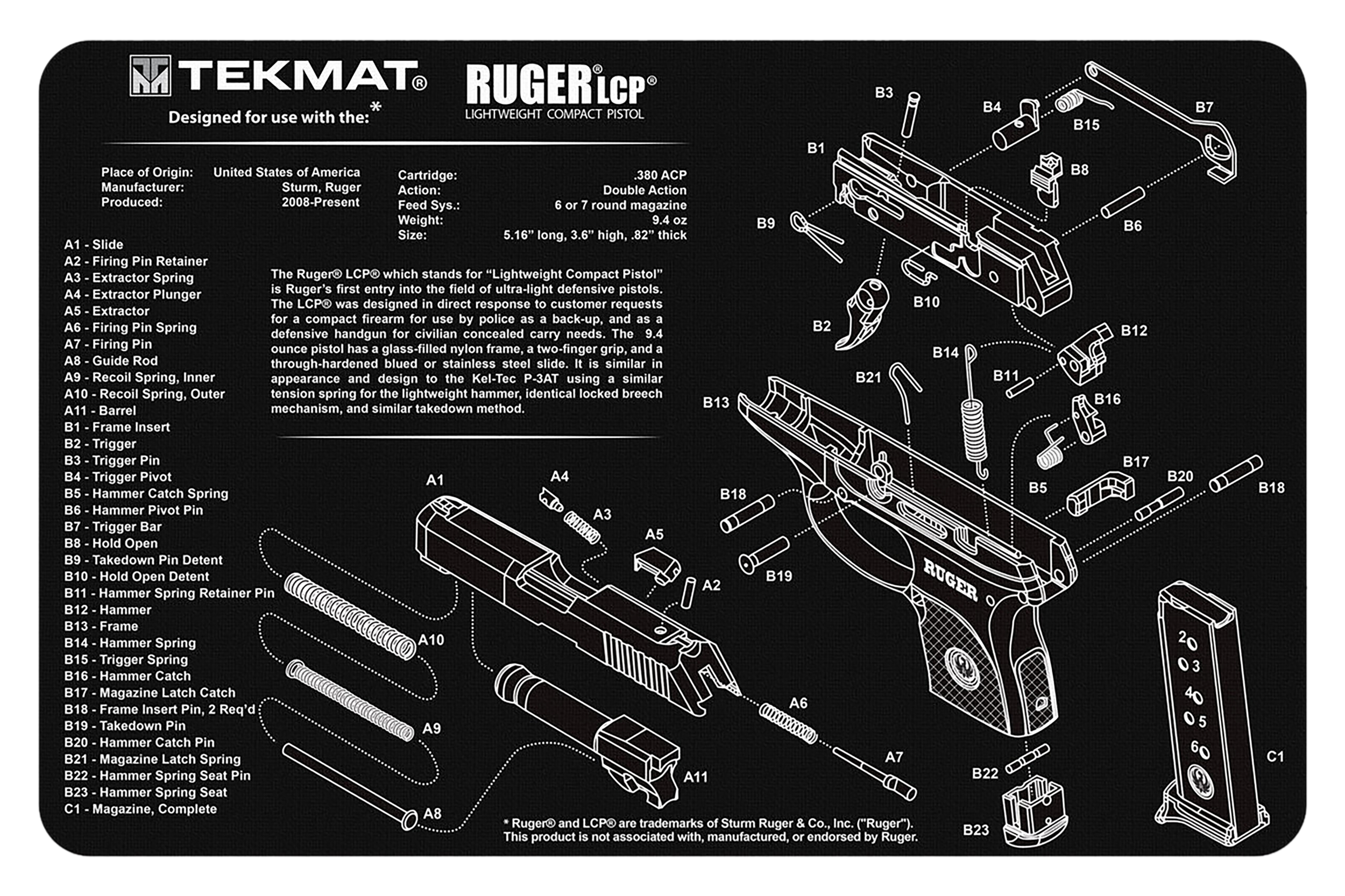 TekMat TEKR17RUGERLCP Ruger LCP Cleaning Mat Black/White Rubber 11"x17" Ruger LCP Parts Diagram