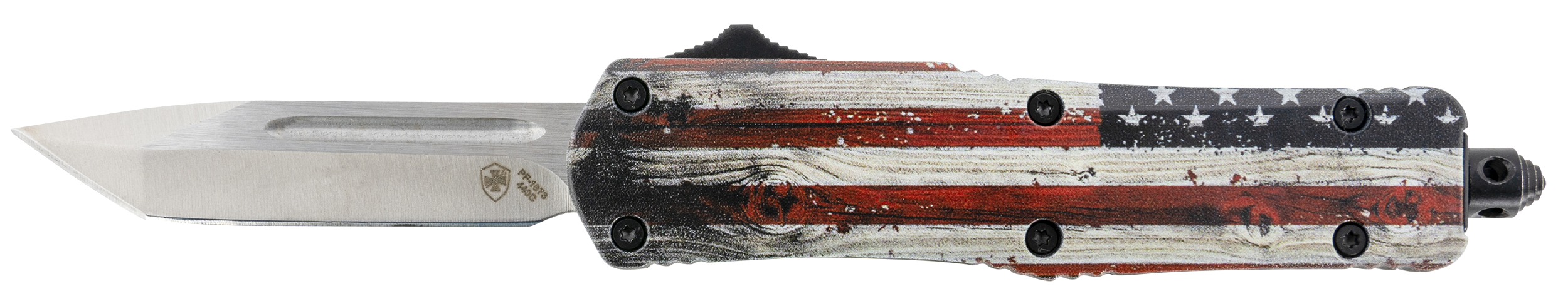 Templar Knife SWUS232 Gen II Wood US Flag Small 2.69" OTF Tanto Plain Powder Coated 440C SS Blade, 4.31" Painted Wood Grain US Flag Aluminum Handle, Glass Breaker
