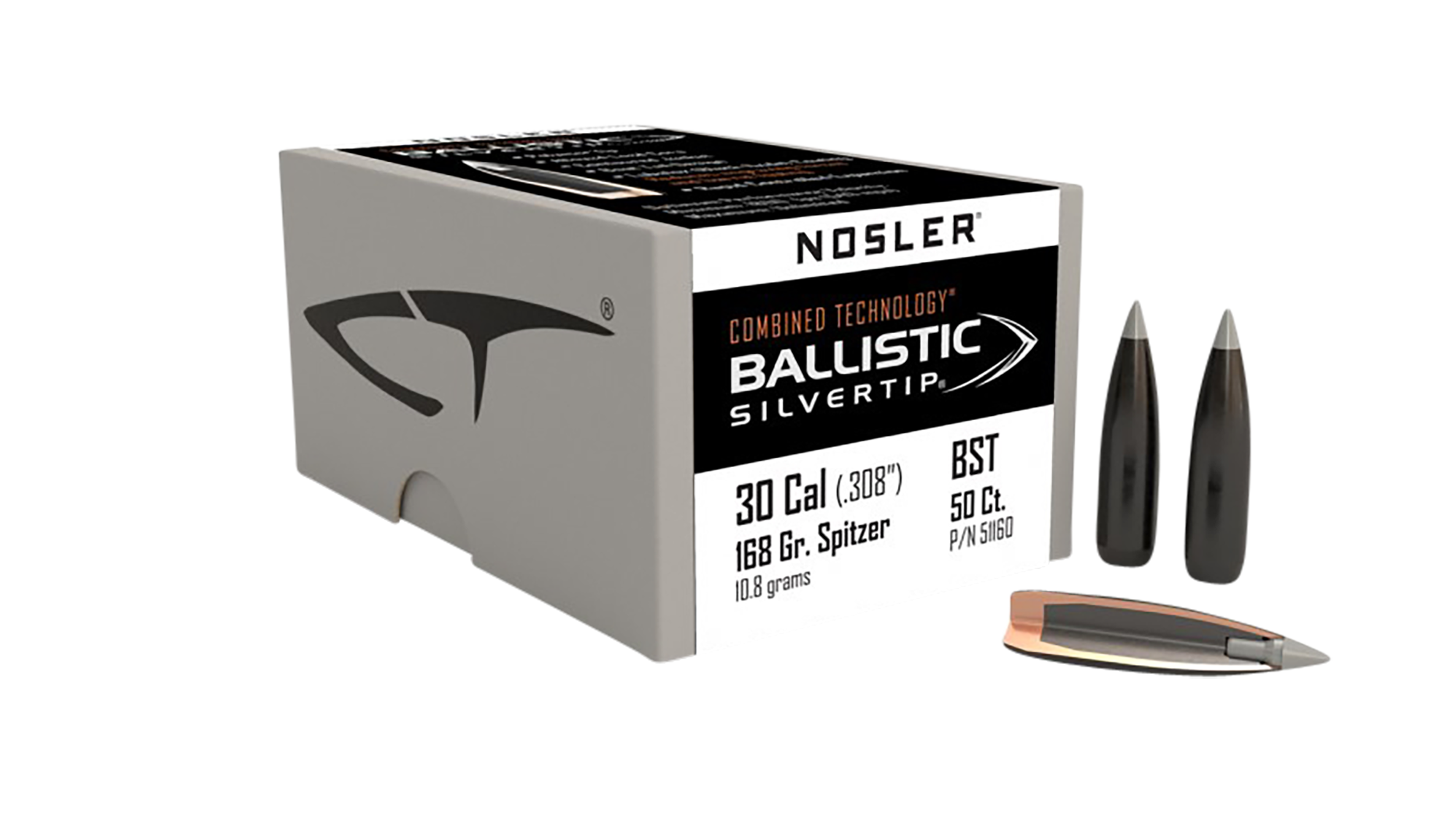 Nosler 51160 Ballistic Silvertip 30Cal 168gr Spitzer Point 50/Box