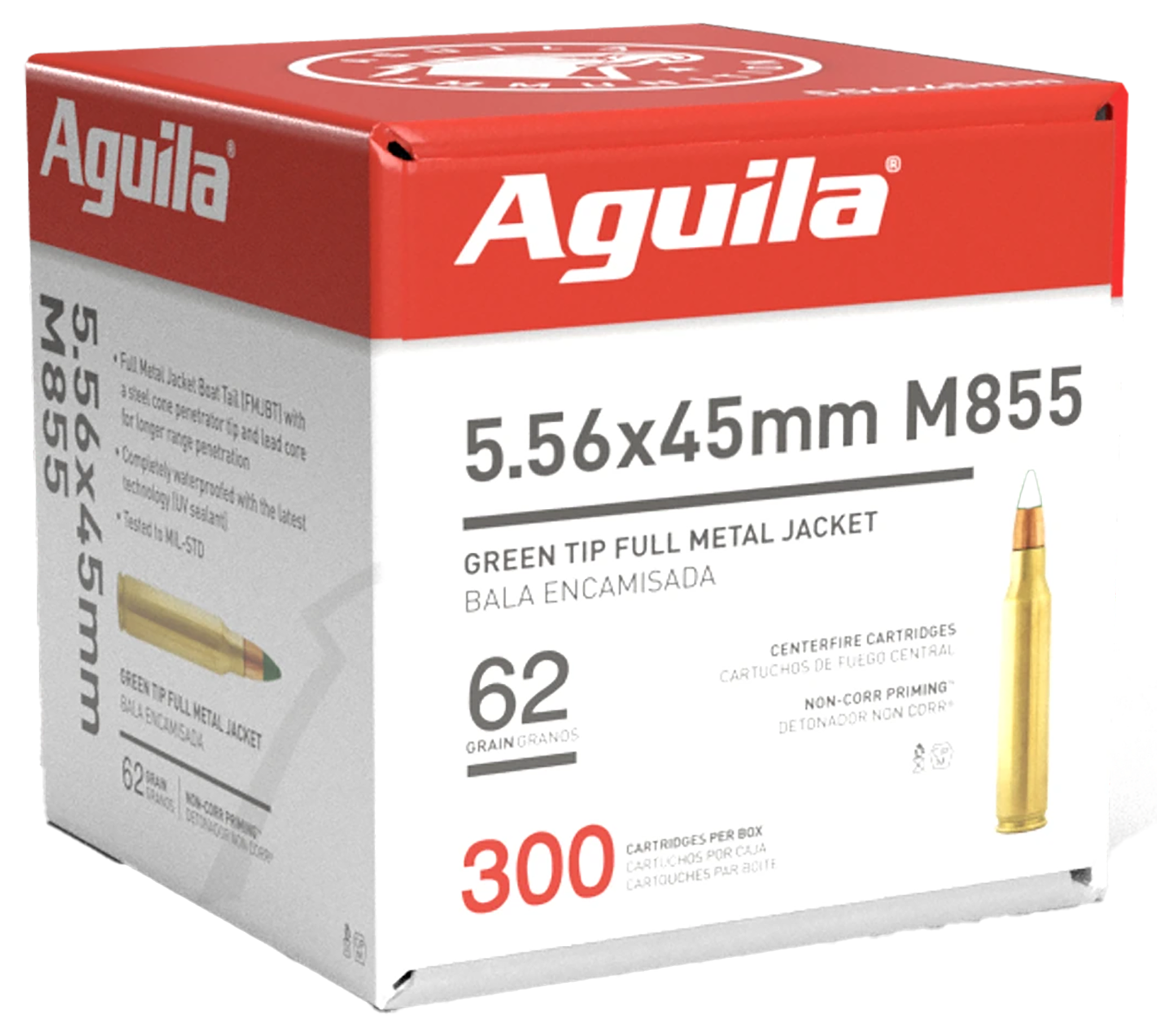 Aguila 1E556125 Green Tip M855 5.56x45mm NATO 62gr Full Metal Jacket Boat Tail 300 Per Box/4 Case