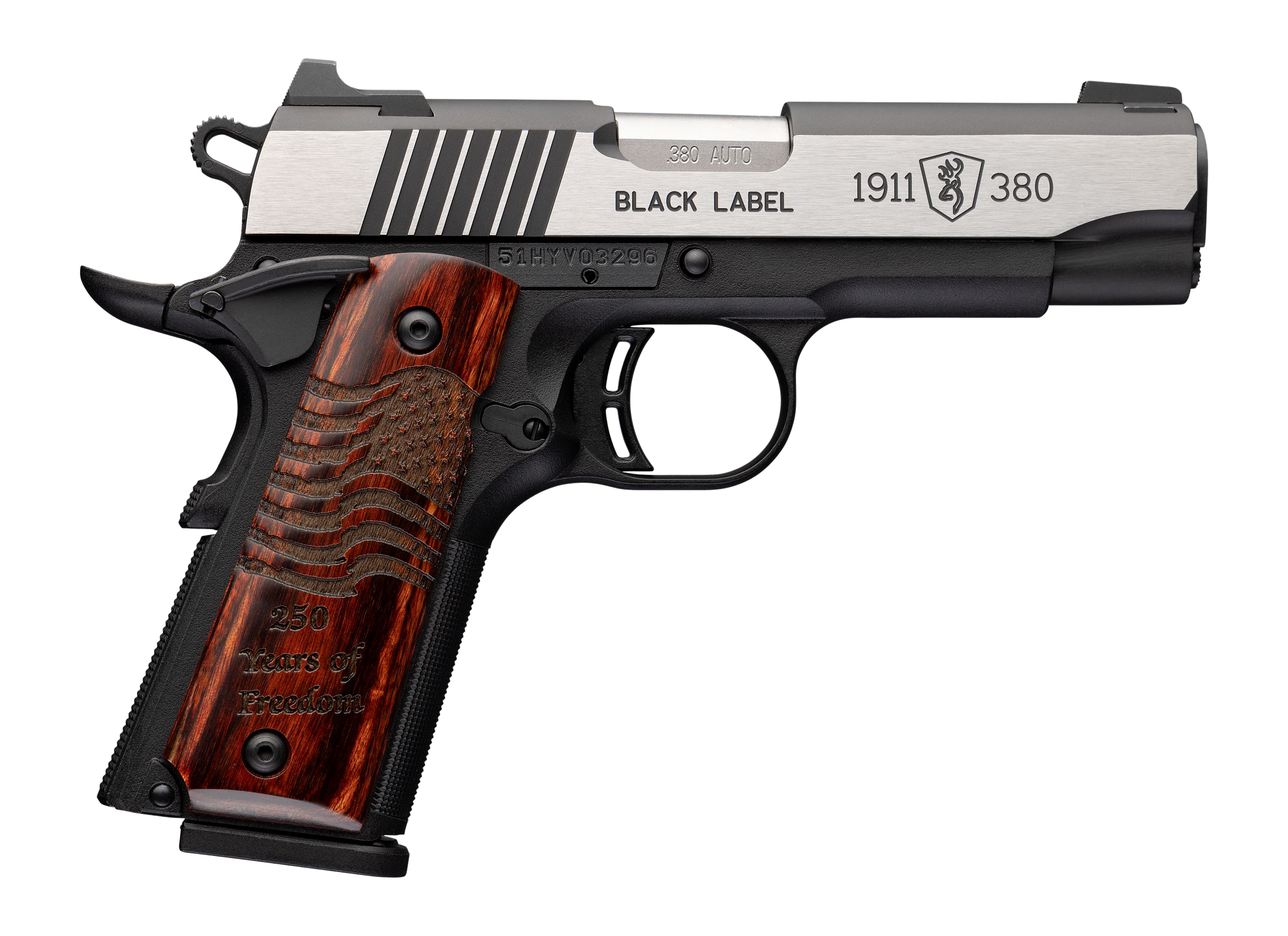 Browning 051123492 1911 Black Label Medallion Pro 250 Compact Frame 380 ACP 8+1 3.63" Stainless Steel Barrel, Stainless Steel w/Blackened Slide Flats Serrated Slide, Matte Black Aluminum Frame w/Beave