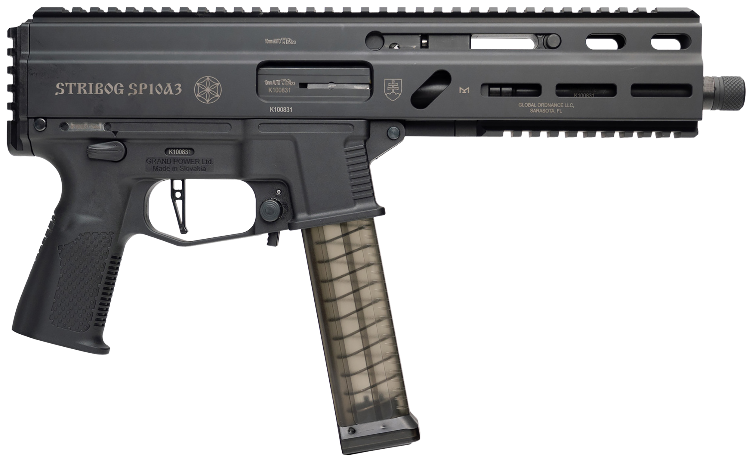 Grand Power 810091157152 SP10A3 Stribog 10mm Auto 20+1 8" Black Threaded Barrel, Black Aluminum Picatinny Rail Receiver, Rear picatinny Rail, Black Polymer Grip, Thread Protector