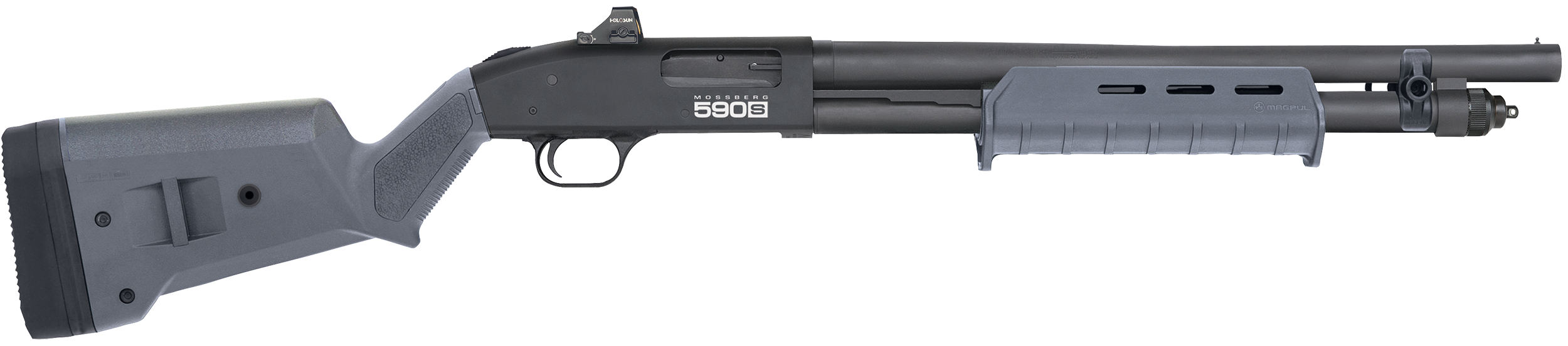 Mossberg 51606 590S w/Optic Compact 12 Gauge Pump 3" 5+1 18.50" Matte Blued Steel Barrel, Drilled & Tapped Receiver, MOE Forend, Gray Magpul SGA Adj Stock Synthetic Stock, Holosun Micro Dot