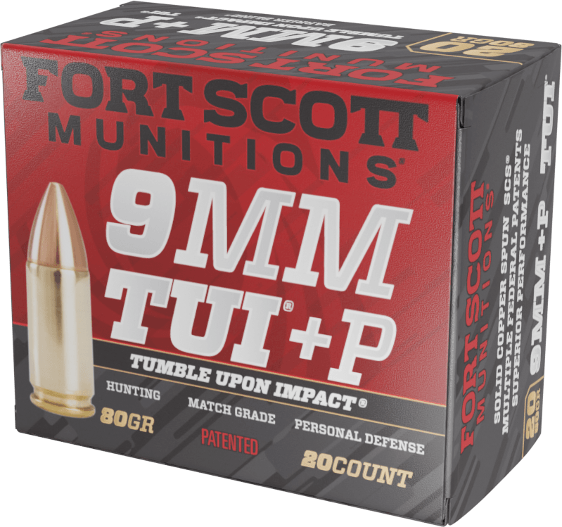 Fort Scott Munitions 9MM+P-080-SCV Tumble Upon Impact (TUI)  9mm+P 80gr Solid Copper Spun 20 Per Box/25 Case