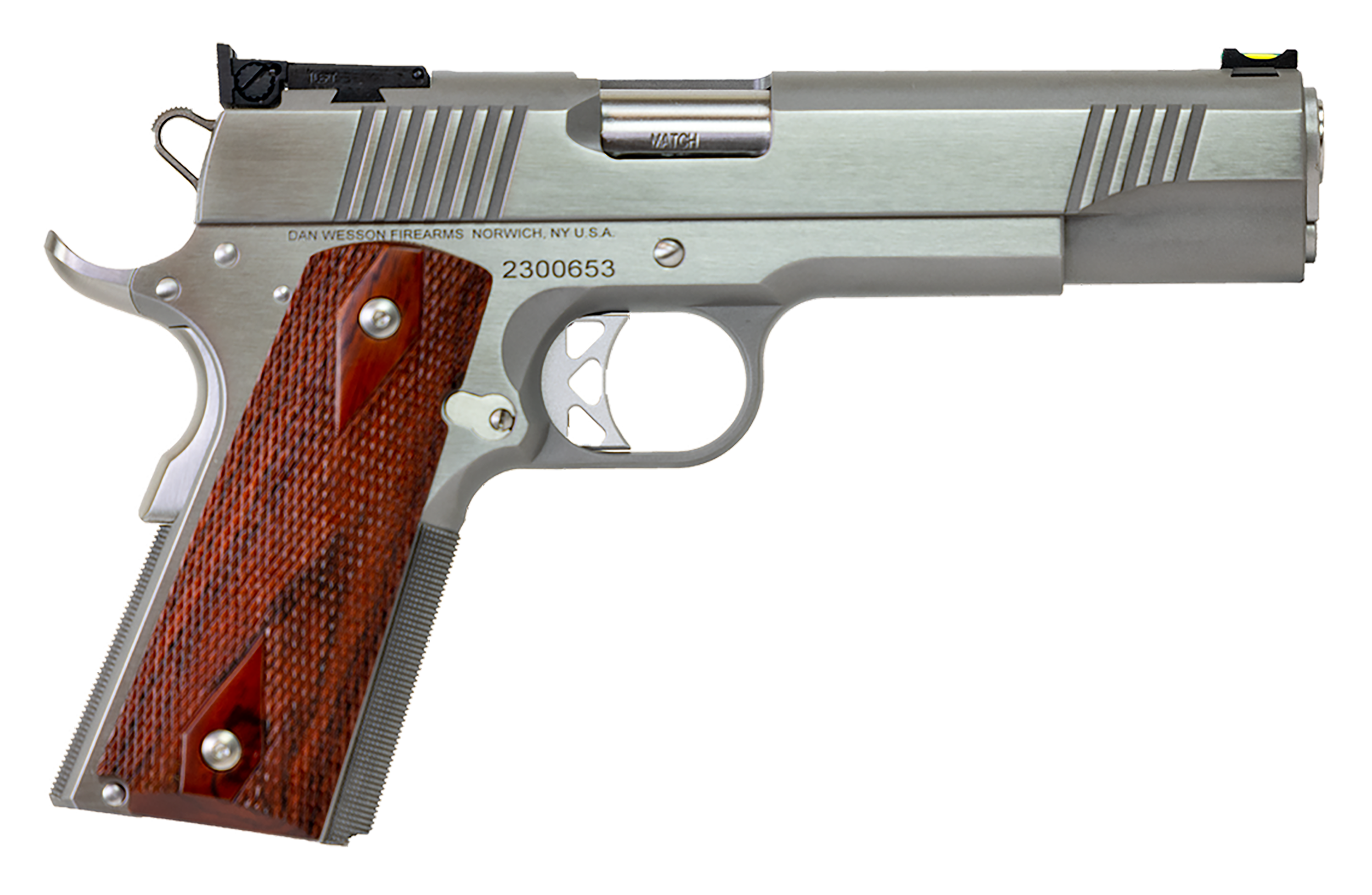 Dan Wesson 01943 Pointman  45 ACP Caliber with 5" Barrel, 8+1 Capacity, Overall Stainless Steel Finish, Beavertail Frame, Serrated Brushed Slide & Cocobolo Grip