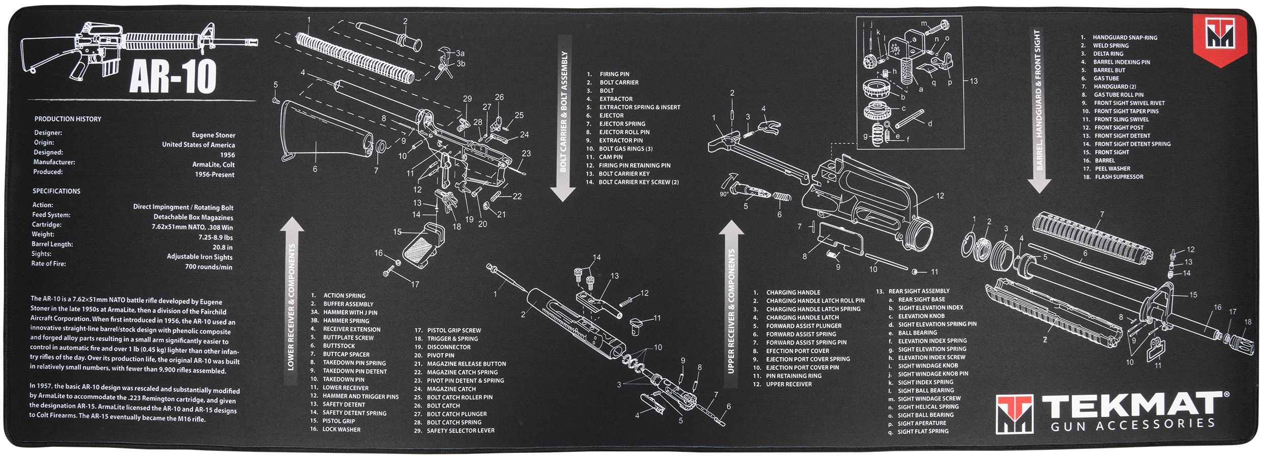 TekMat TEKR44AR10 AR-10 Cleaning Mat Black/White Rubber 15"x44" AR-10 Parts Diagram