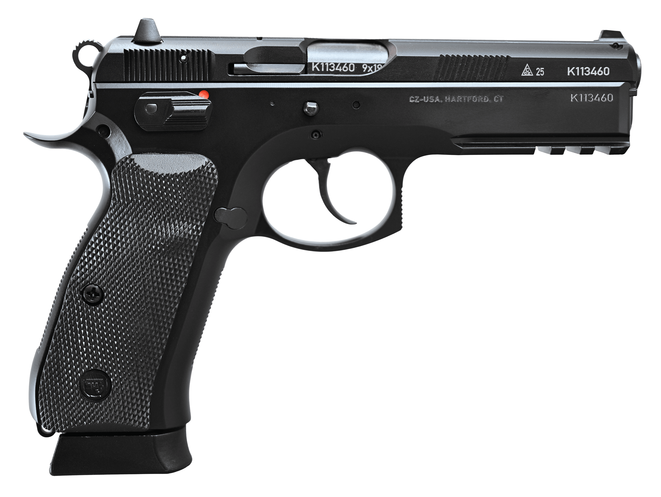 CZ-USA 75 SP-01 50th Anniversary Elite 9mm Luger 19+1 4.60" Black Steel Barrel & 50th Anniversary Engraved/Serrated Slide, Black Polycoat Steel Frame w/Picatinny Rail & Beavertail, Black Rubber Grip