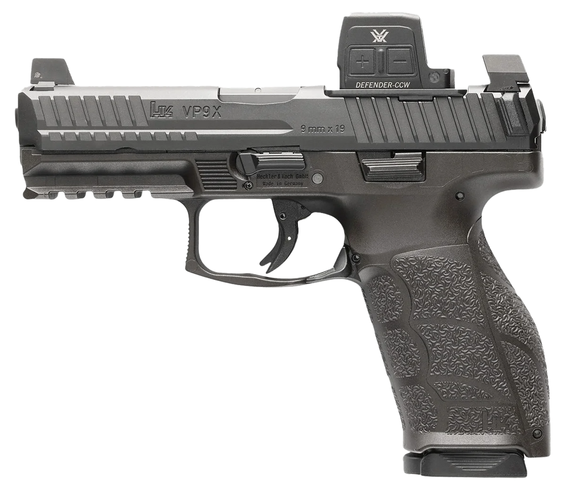 HK 81001356 VP9A1 X w/Optic Full Size Frame 9mm Luger 10+1 4.09" Black Barrel, Black Steel Serrated w/Optic Slide, Black Polymer Frame w/Picatinny Rail, Textured Grip, Vortex CCW