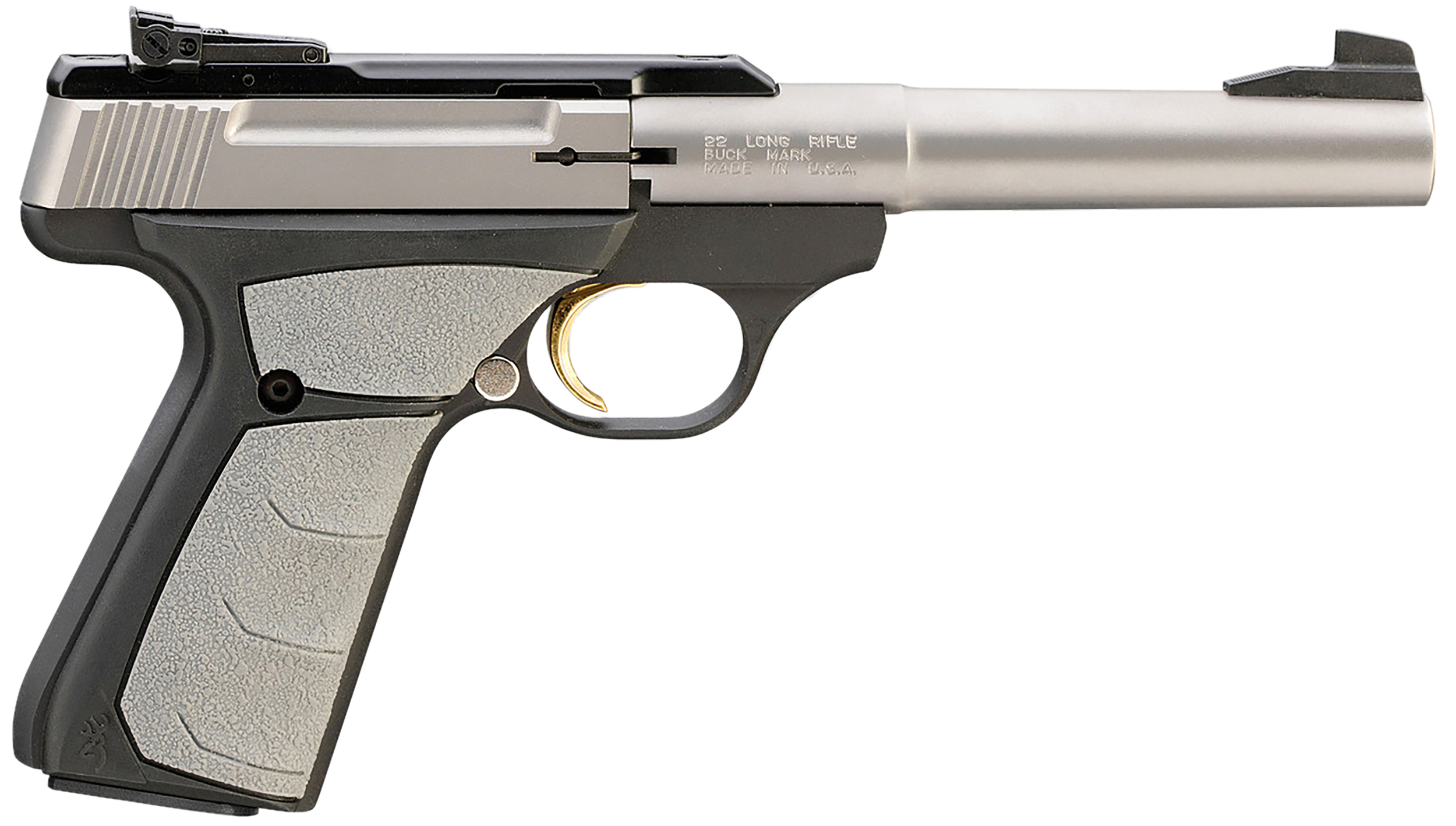 Browning 051483490 Buck Mark Camper *CA Compliant 22 LR 10+1 5.50" Tapered Bull Barrel, Matte Stainless Serrated SS Slide, Matte Black Aluminum Frame & Gray Overmolded Grips