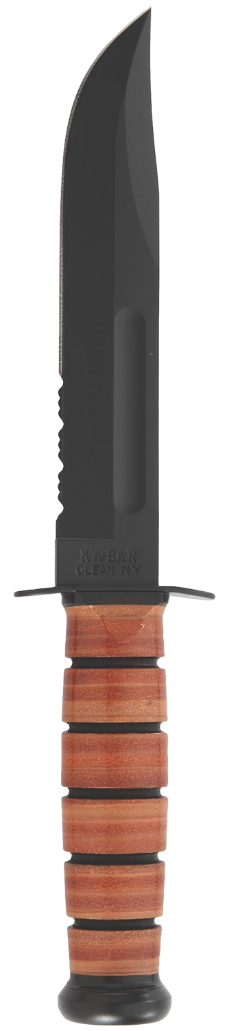 Ka-Bar 1218 USMC Fight/Utility 7" Fixed Clip Point Part Serrated Black 1095 Cro-Van Blade. Brown Leather Handle. Includes Sheath