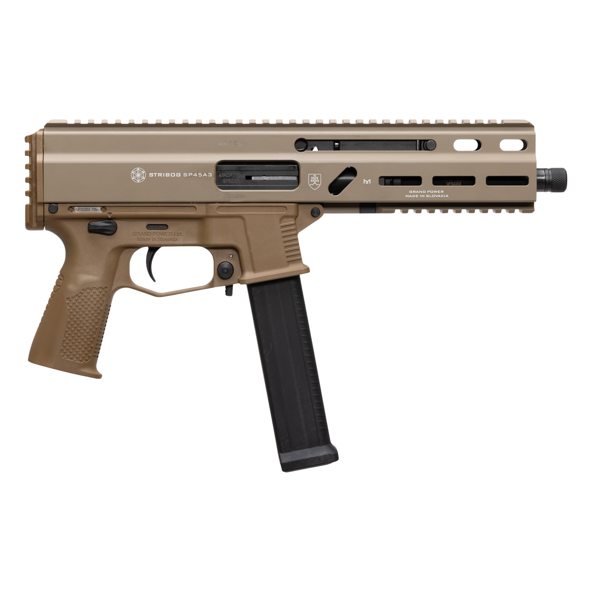 Grand Power 197892004794 SP45A3 Stribog 45 ACP 20+1 8" Black Threaded Barrel, Flat Dark Earth Cerakote Aluminum/Polymer Receiver w/Picatinny Rail, QD Sling Sockets, FDE Polymer Grip, Ambidextrous