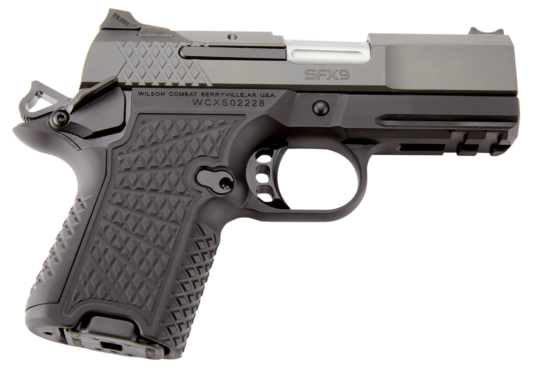 Wilson Combat SFX9SCR3A SFX9 Sub-Compact 9mm Luger 10+1 15+1 3.25" Stainless Steel Barrel, Black DLC Serrated Stainless Steel Slide, Black Aluminum Frame w/Beavertail & Picatinny Rail, Black G10 Grip