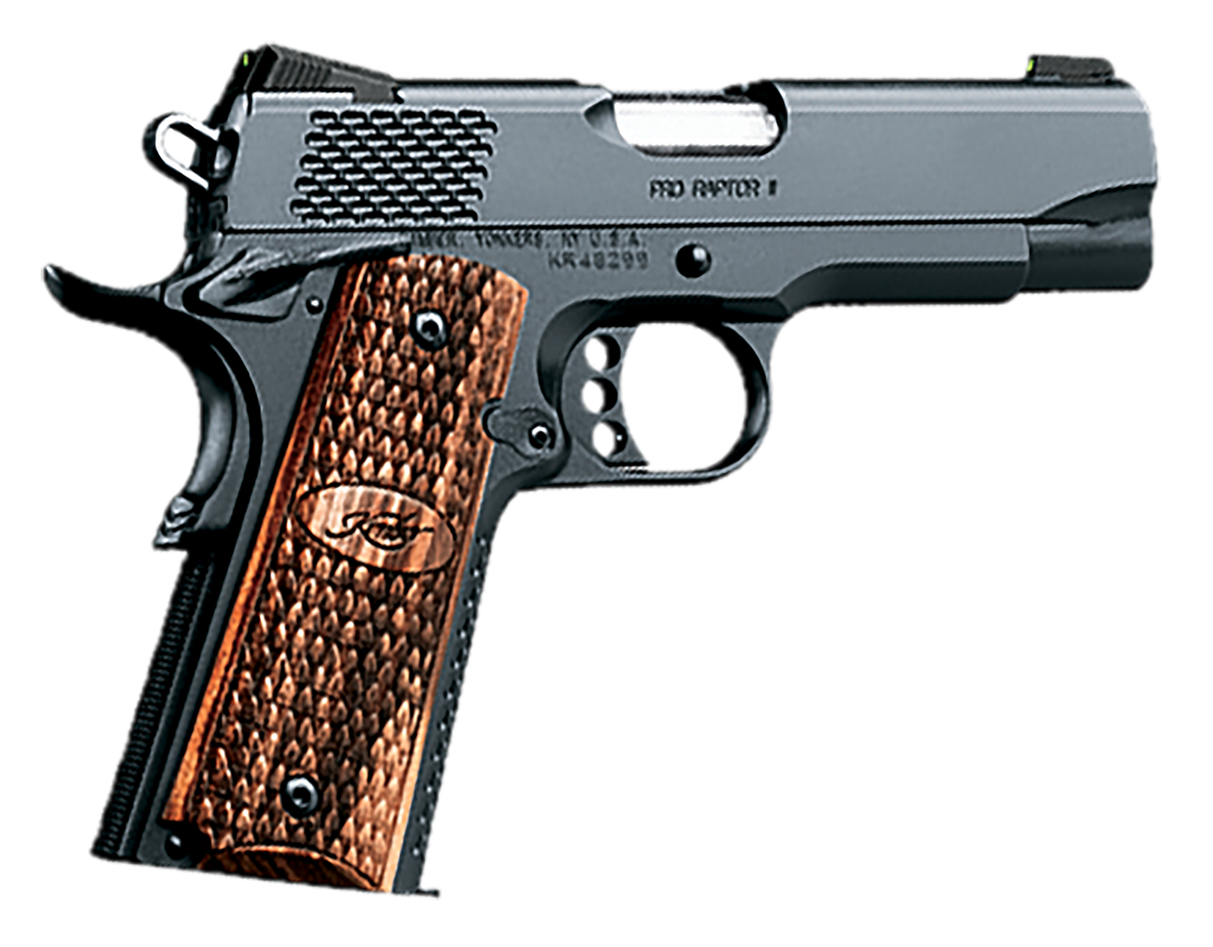 Kimber Mfg, Inc 3200118 Raptor II Pro 45 ACP 8+1 4" Stainless Match Grade Barrel, Matte Black Serrated Steel Slide, Matte Black Steel Frame w/Beavertail, Zebrawood Grip