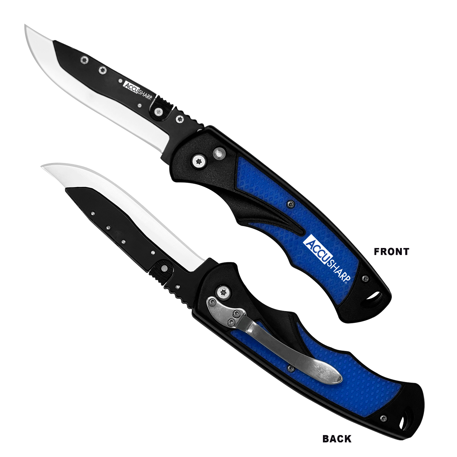 AccuSharp 743C Replaceable Blade Razor 3.50" Folding Plain Stainless Steel Blade/Royal Blue Ergonomic Anti-Slip Anodized Aluminum Handle/Includes 2 Replacement Blades/Belt Clip
