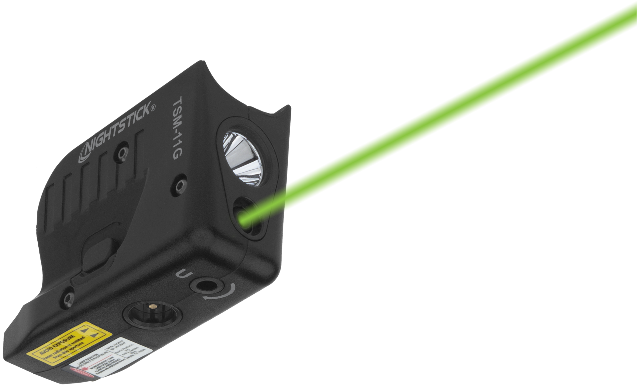 Nightstick TSM11G Tactical Weapon-Mounted Light w/Green Laser Black Polymer Compatible w/ Glock 42/43/43X/48, 150 Lumens White LED Bulb/Green Laser, 104 Meters Beam, Trigger Guard Mount
