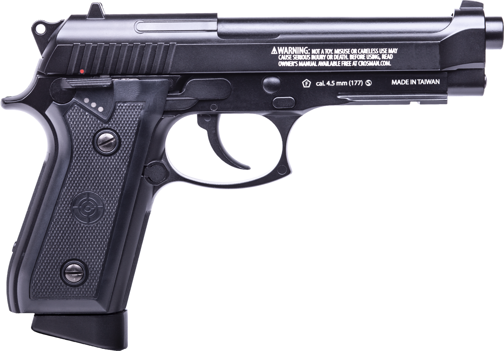Crosman PFAM9B Full Auto Air Pistol CO2 177 BB 20rd Smooth Bore Brass Barrel, Blow Back Action, Fixed Front/Notched Rear Sights, Full Metal Frame, Black Polymer Grips, Selector Safety