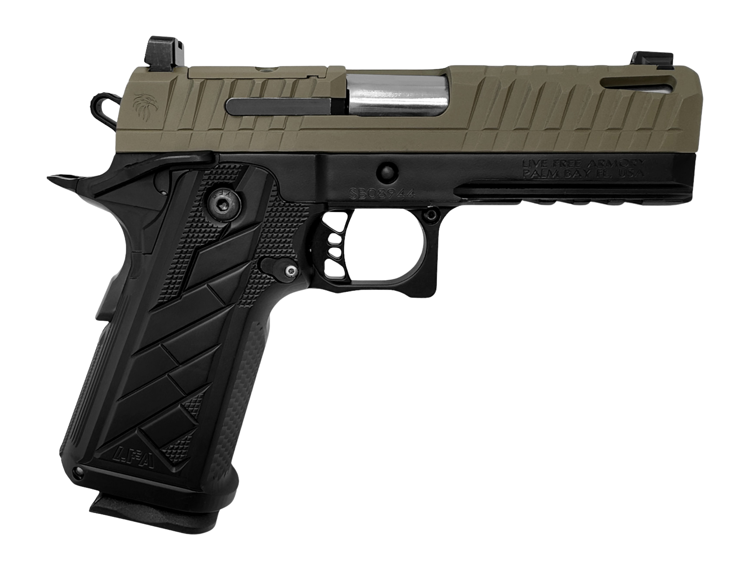 Live Free Armory HG8644-N Apollo 11 V2 Compact 9mm Luger 18+1 4.15" Stainless Barrel, Flat Dark Earth Cerakote Steel Optic Ready/Serrated Slide, Black Cerakote Steel Frame w/Beavertail & Picatinny Rai