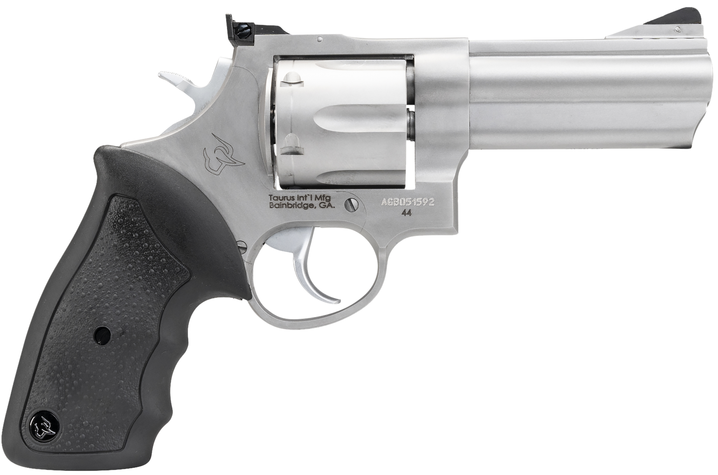 Taurus 2-440049 44  Large 44 Rem Mag 6 Shot 4" Matte Stainless Ported Barrel, Cylinder & Frame, Black Finger Grooved Rubber Grip, Transfer Bar Safety, Exposed Hammer
