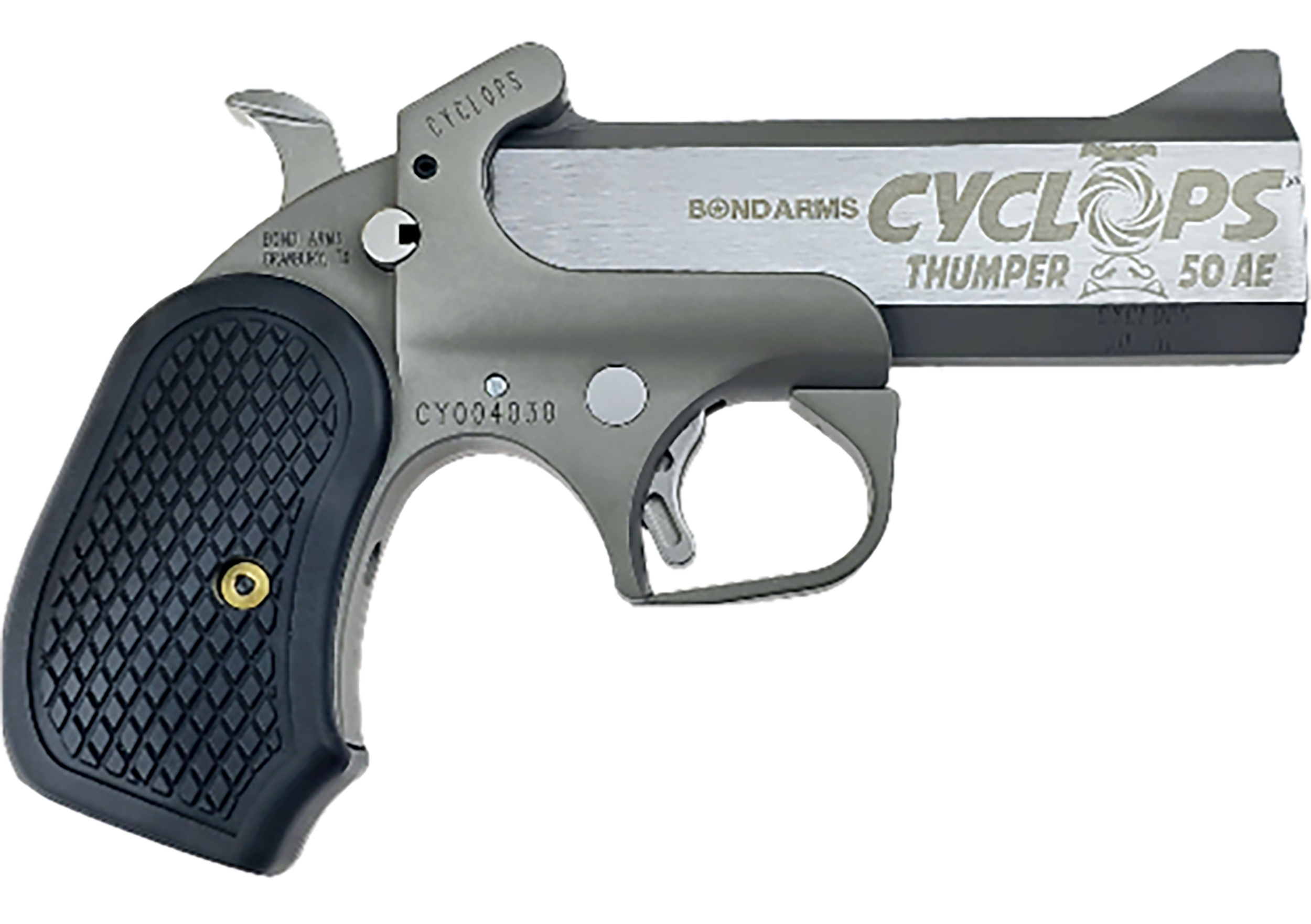 Bond Arms BACY Cyclops Big Bore 50 AE 1 Shot 4.25" Black/SS Stainless Steel Barrel Black Rough & Tumble Stainless Steel Frame Black Extended B6 Resin Grips Right Hand