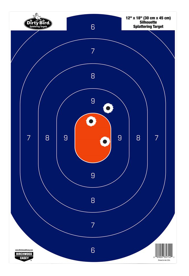 Birchwood Casey 35720 Dirty Bird Silhouette Tagboard Hanging Pistol 12" x 18" Blue/Orange White Impact Splatter 50 Per Pkg