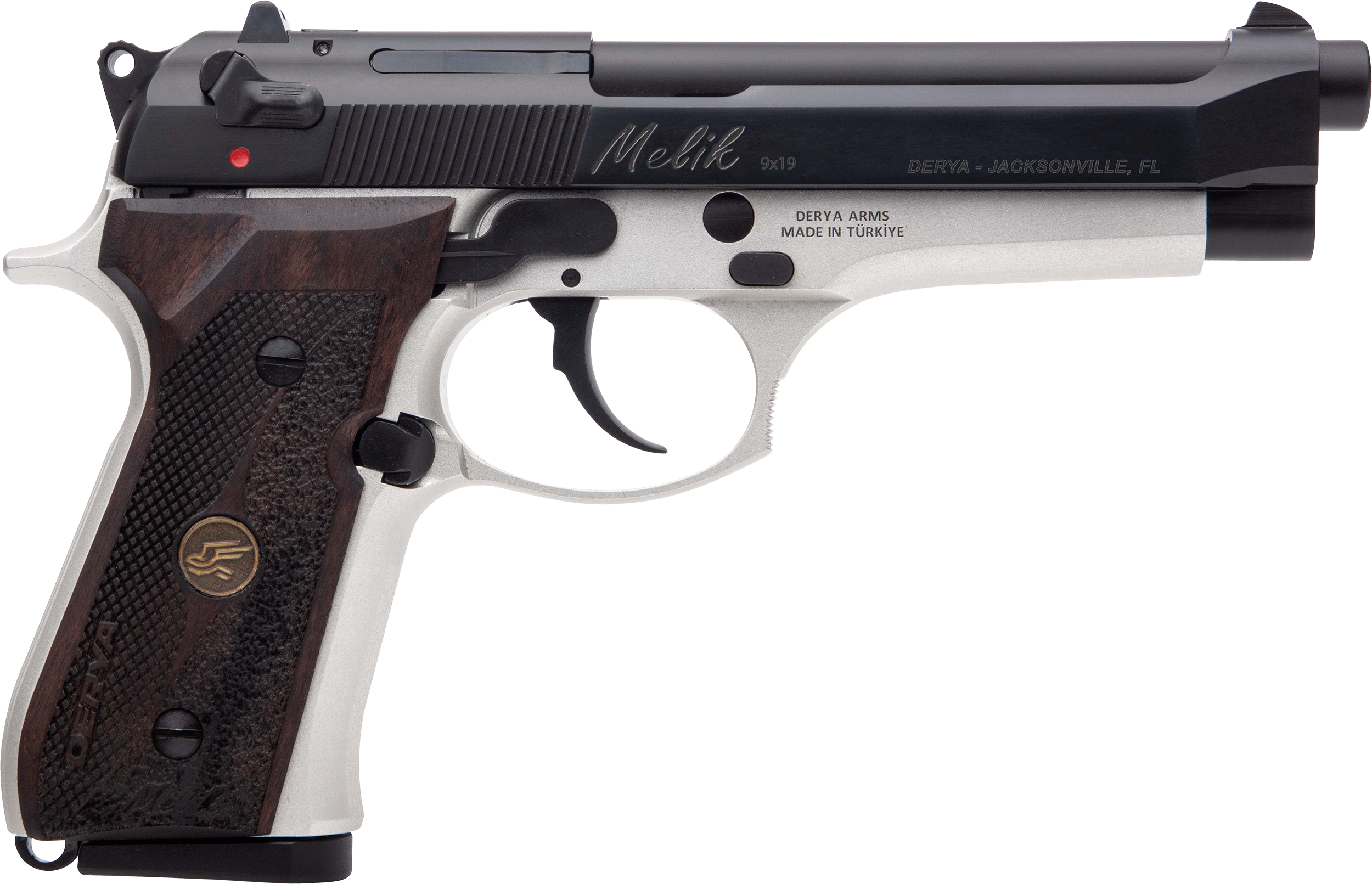Derya Firearms 15LTTMELIK9TR Melik  9mm Luger 15+1 4.90" Black Melonite Steel Barrel, Black Melonite Serrated Steel Slide, Silver Anodized Aluminum Frame, Dark Walnut Grip