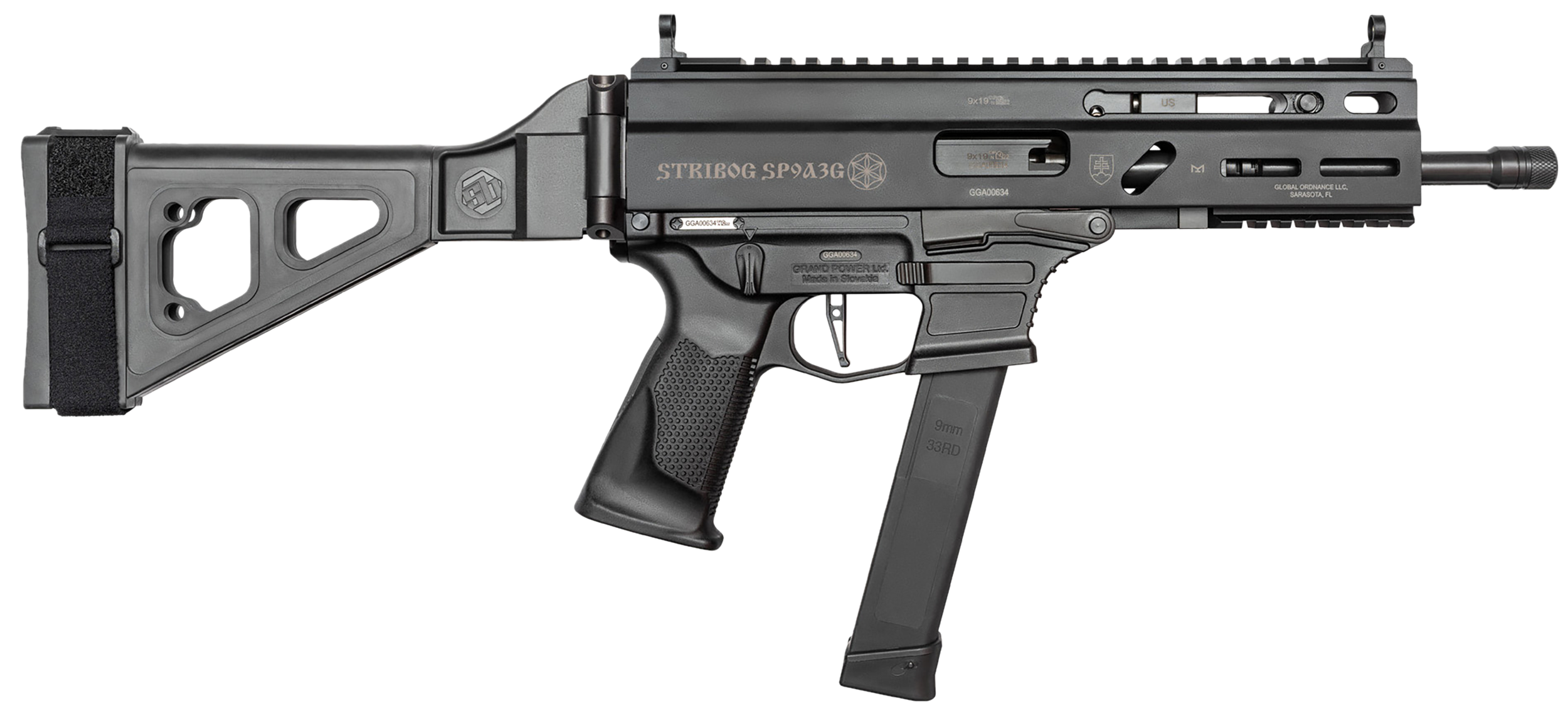 Grand Power 810091152850 Stribog SP9A3G 9mm Luger 8" Black, SB Tactical Brace