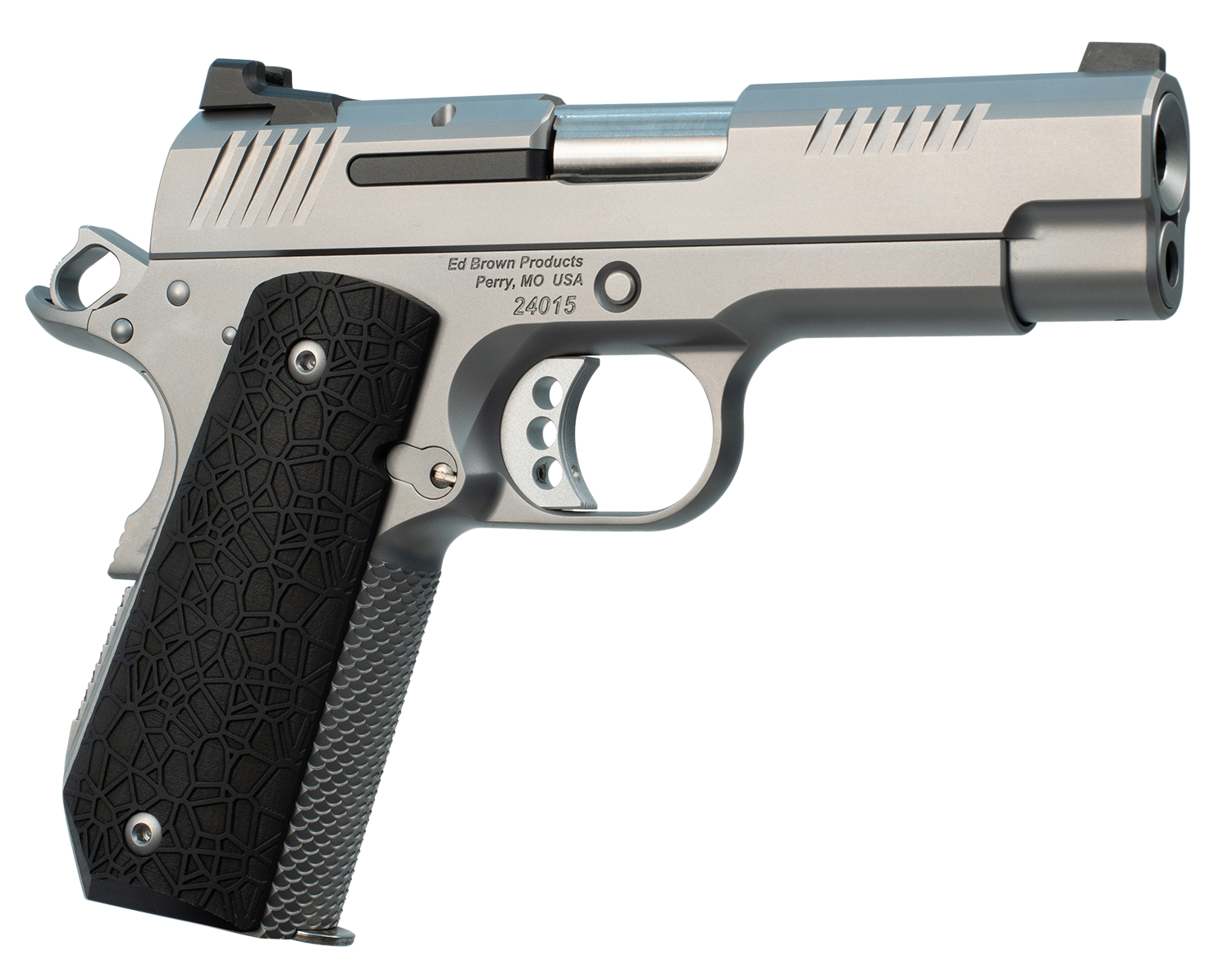 Ed Brown EVOKC9 1911 EVO KC9 9mm Luger 9+1 4" Barrel, Snakeskin Serrated Stainless Steel Bobtail Frame, Serrated Slide w/Recessed Slide Stop, Black G10 Grip