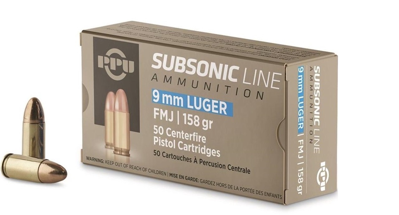 PPU 9MM LUGER SUBSONIC 158GR FMJ 50RD BOX 20 BOXES PER CASE