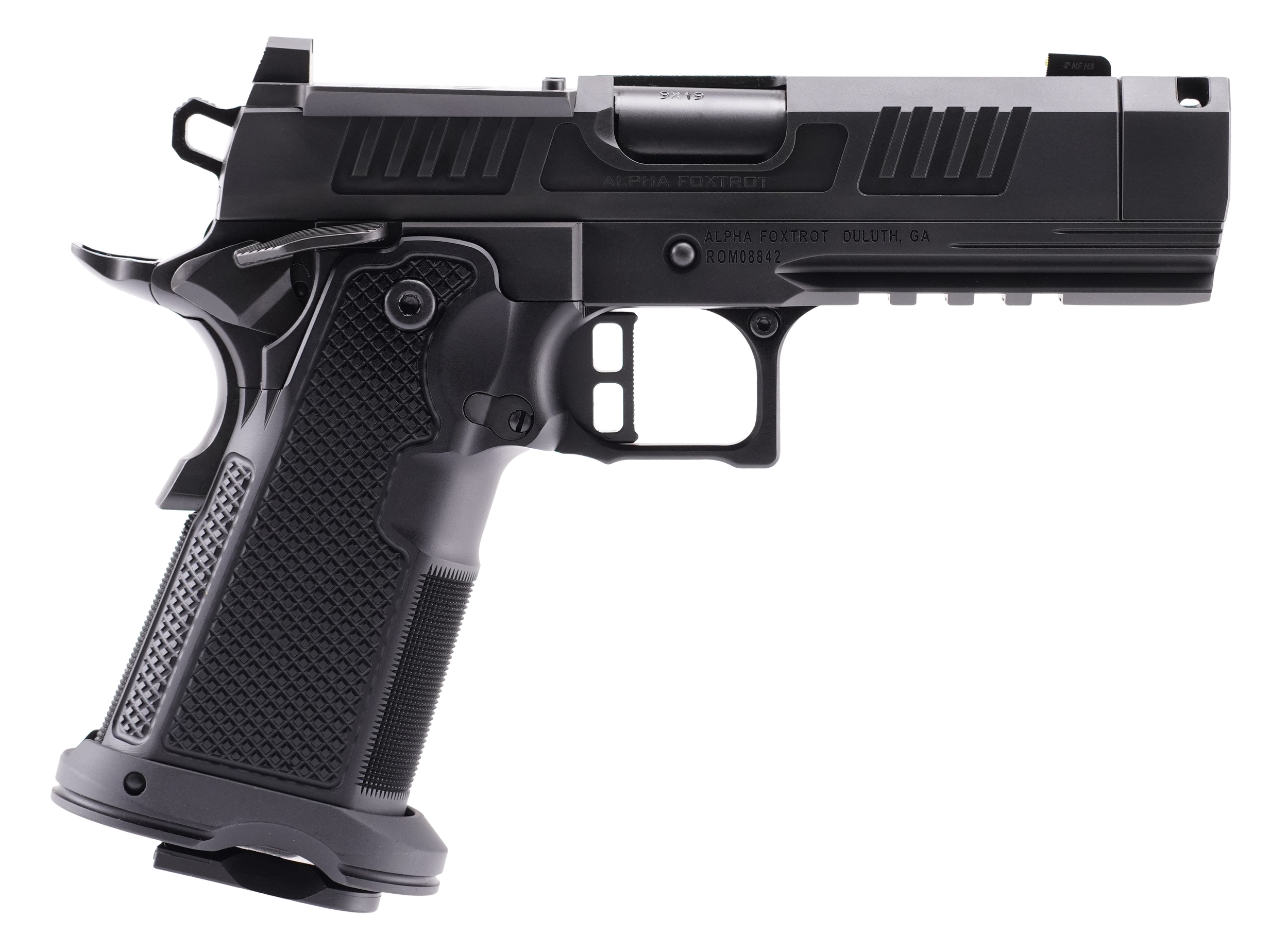 Alpha Foxtrot AA47X1QIG-XDBK19 AF1911 Romulus 9mm Luger 20+1 3.50" Black DLC Stainless Steel Threaded Compensated Barrel, Optic Ready/Serrated Slide & Frame w/Beavertail & Picatinny Rail, Aluminum Gri