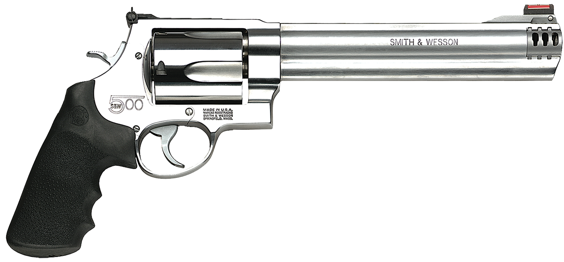 Smith & Wesson 163501 Model 500  X-Large 500 S&W Mag 5 Shot 8.38" Satin Compensated Barrel, Satin Cylinder, Satin Stainless Steel Frame, Black Finger Grooved Grip, Exposed Hammer
