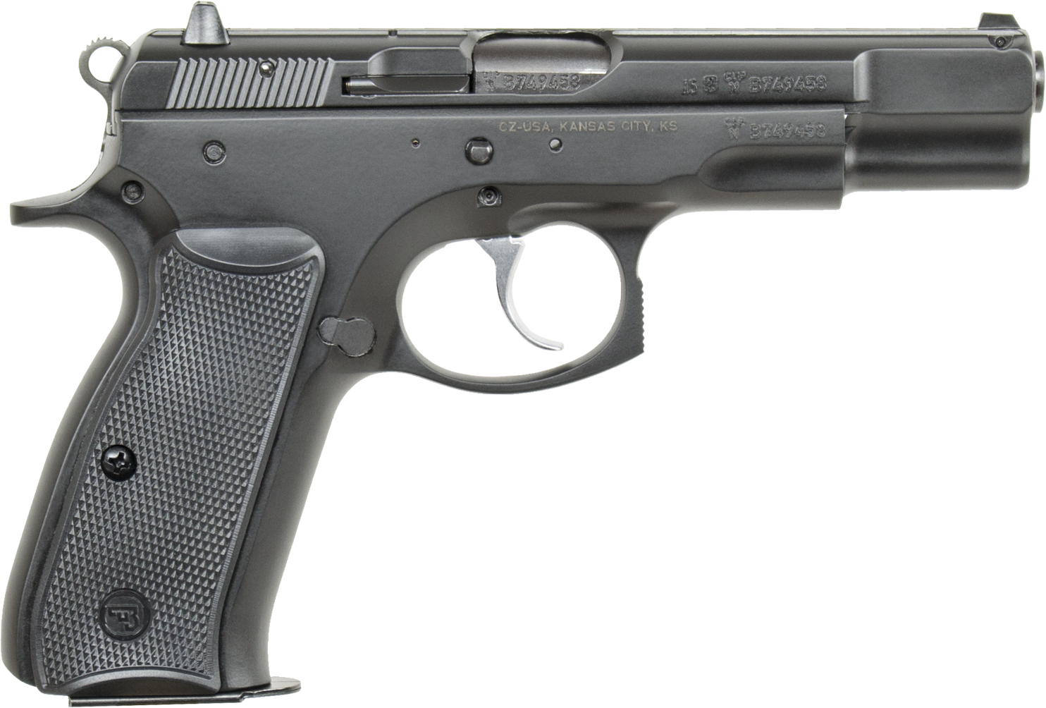 CZ-USA 91102 CZ 75 B  9mm Luger 16+1 4.60" Steel Barrel, Black Serrated Steel Slide, Black Polycoat Steel Frame w/Beavertail, Black Plastic Grip
