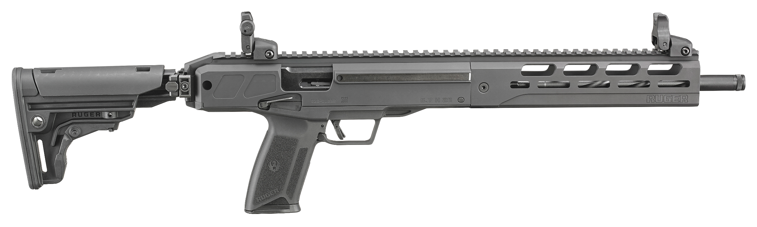 Ruger 19300 LC Carbine 5.7x28mm 16.25" Threaded Barrel 20+1, Black, Folding Stock, OEM Flip-Up Sights