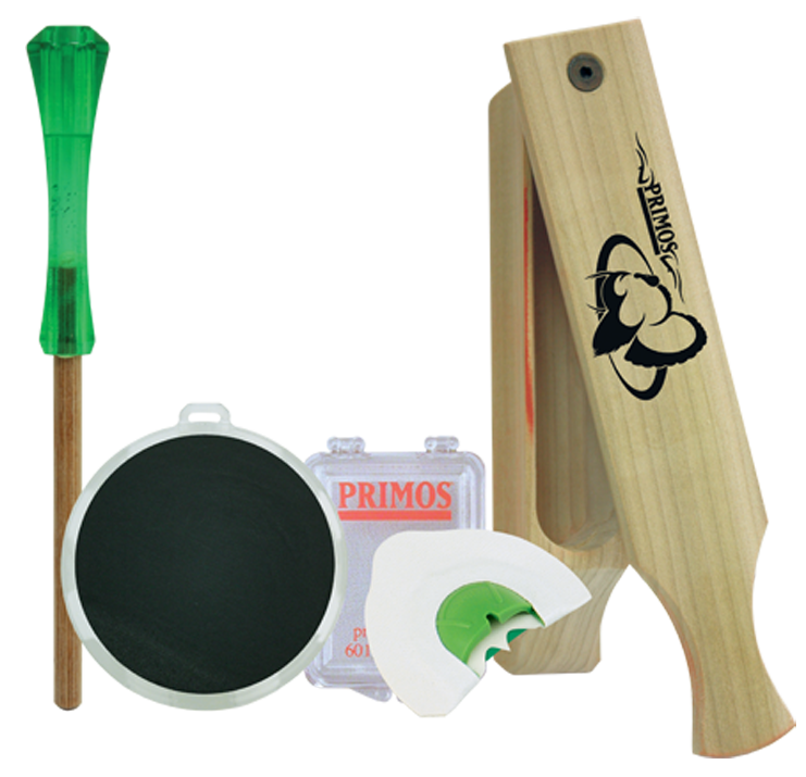 Primos 272 Turkey Caller Starter Pack Attracts Turkeys, Includes Sonic Dome Mouth Call, Sonic Dome Slate Call, Slim Striker & Double Sided Box Call