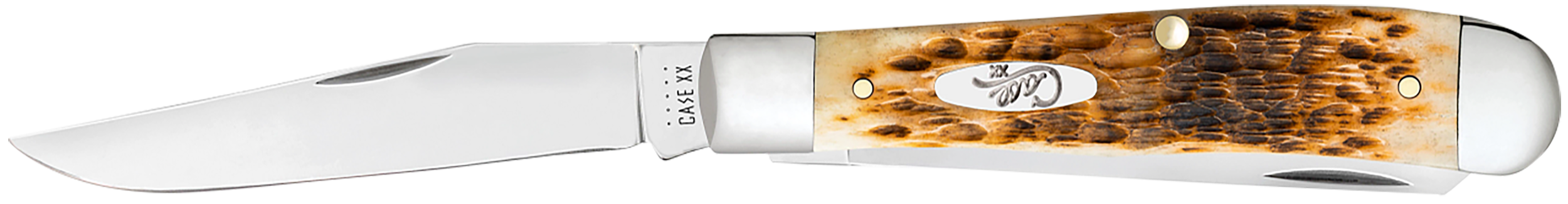 Case 00164 Trapper  Medium 3.25"/3.27" Folding Clip Point/Spey Plain Mirror Polished Tru-Sharp SS Blade Peach Seed Jigged Amber Bone Handle