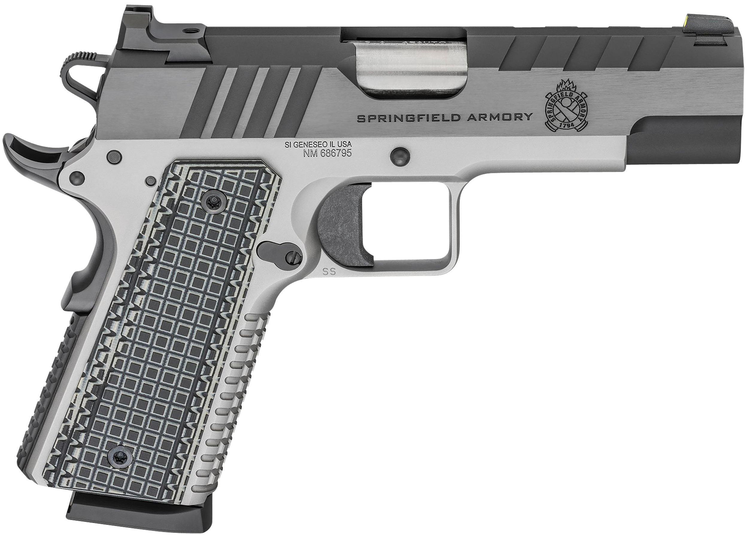 Springfield Armory PX9218L 1911 Emissary 45 ACP 8+1 4.25" Bull Barrel, Stainless Steel Frame w/Beavertail , Tri-Top Cut Blued Carbon Steel Slide, Black VZ Thin-Line G10 Grip