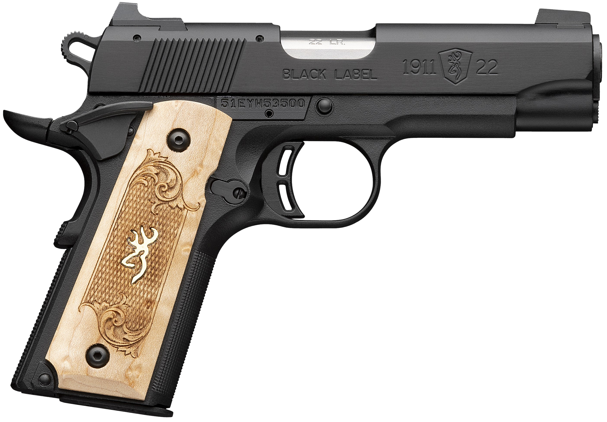 Browning 051068490 1911-22 Black Label Medallion Compact Frame 22 LR 10+1 3.63" Stainless Steel Barrel, Matte Black Serrated Slide, Matte Black Aluminum Frame w/Beavertail, Maple Medallion Grip