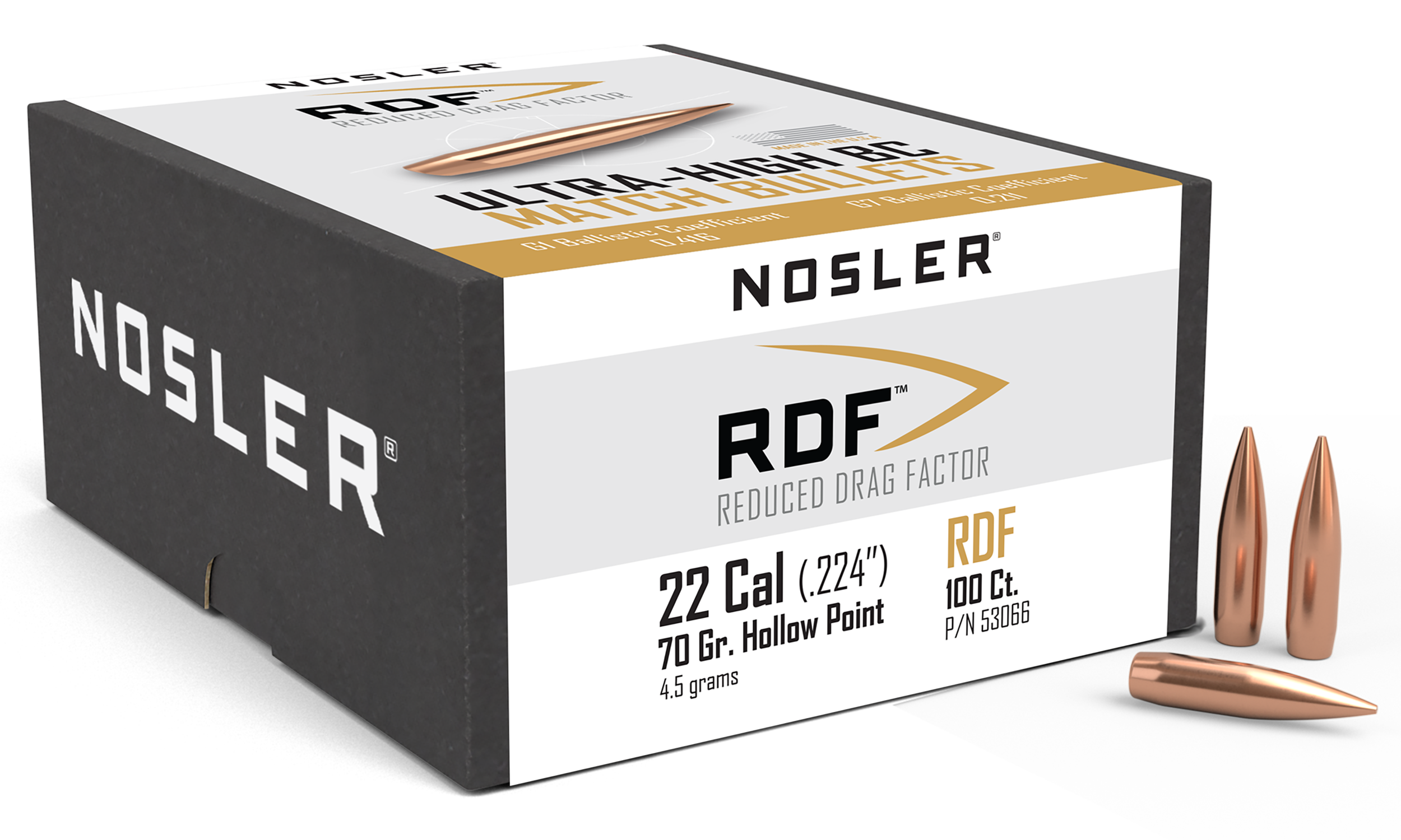 Nosler 53066 RDF Match 22Cal 70gr Hollow Point Boat Tail 100/Box