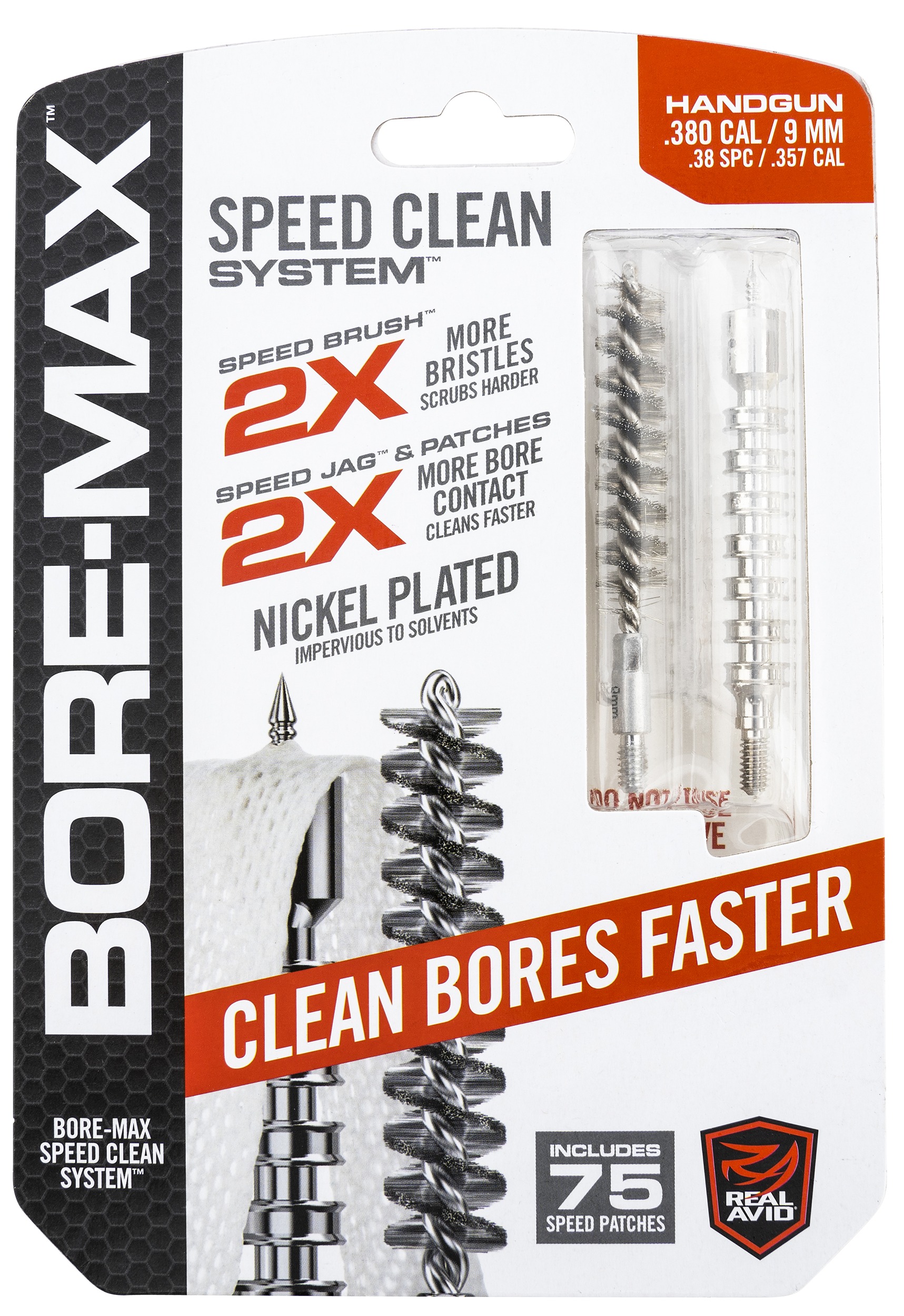 Real Avid AVBMSET9MM Bore-Max Speed Clean Upgrade Set 9mm Pistol Nickle Plated Bristles Blister Pack Case