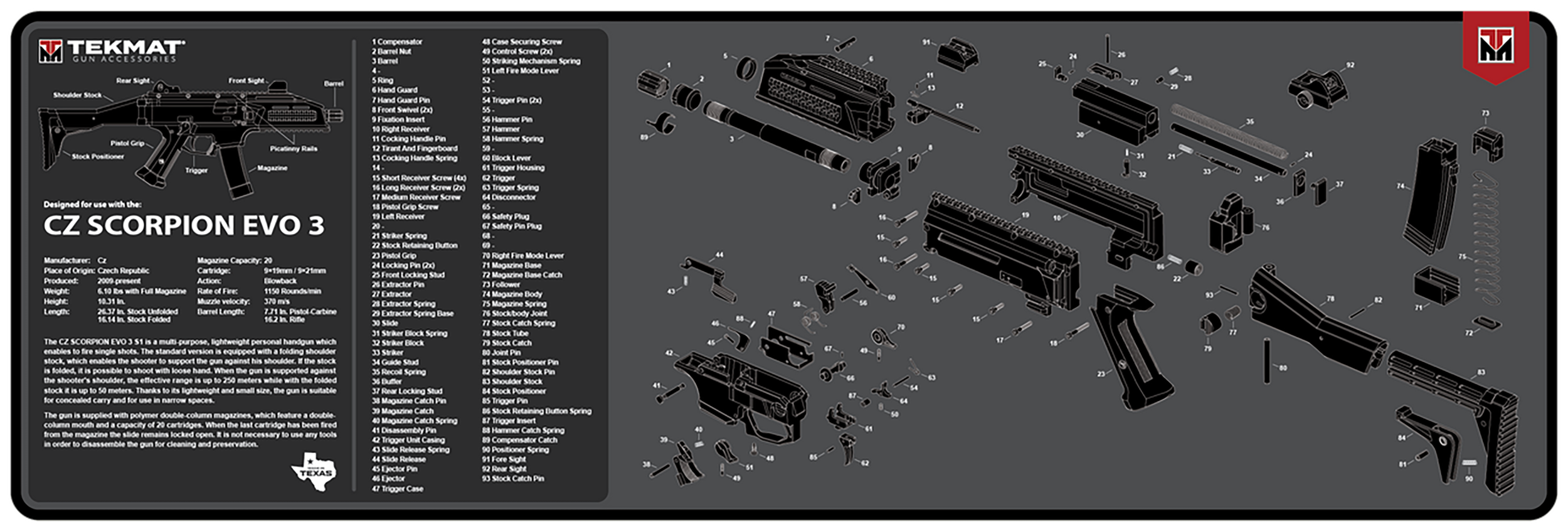 TekMat TEKR36CZSCORPION CZ Scorpion EVO 3 Cleaning Mat Black/Gray Rubber 12"x36" CZ Scorpion EVO 3 Parts Diagram