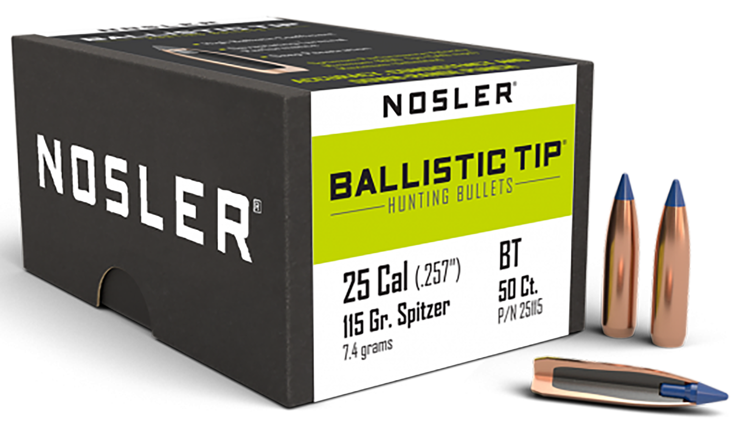 Nosler 25115 Ballistic Tip  25Cal 115gr Spitzer Point 50/Box