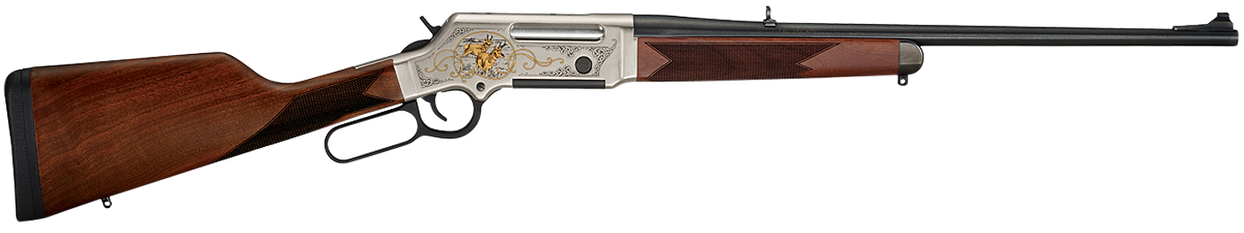 Henry H014WL243 Long Ranger Wildlife Full Size 243 Win 4+1 20" Blued Steel Barrel, Engraved Nickel-Plated w/24K Gold Inlay Steel Receiver, American Walnut Stock Right Hand