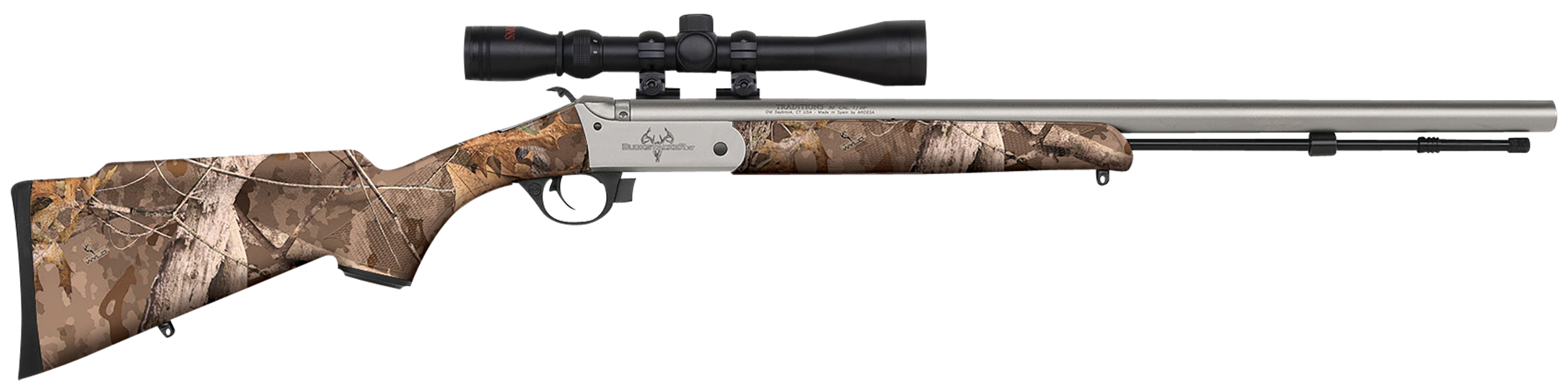 Traditions R5721108432 Buckstalker XT 50 Cal 209 Primer 24", Stainless Cerakote Barrel/Rec, Next Wyld Camo Synthetic Stock, 3-9x40mm Scope