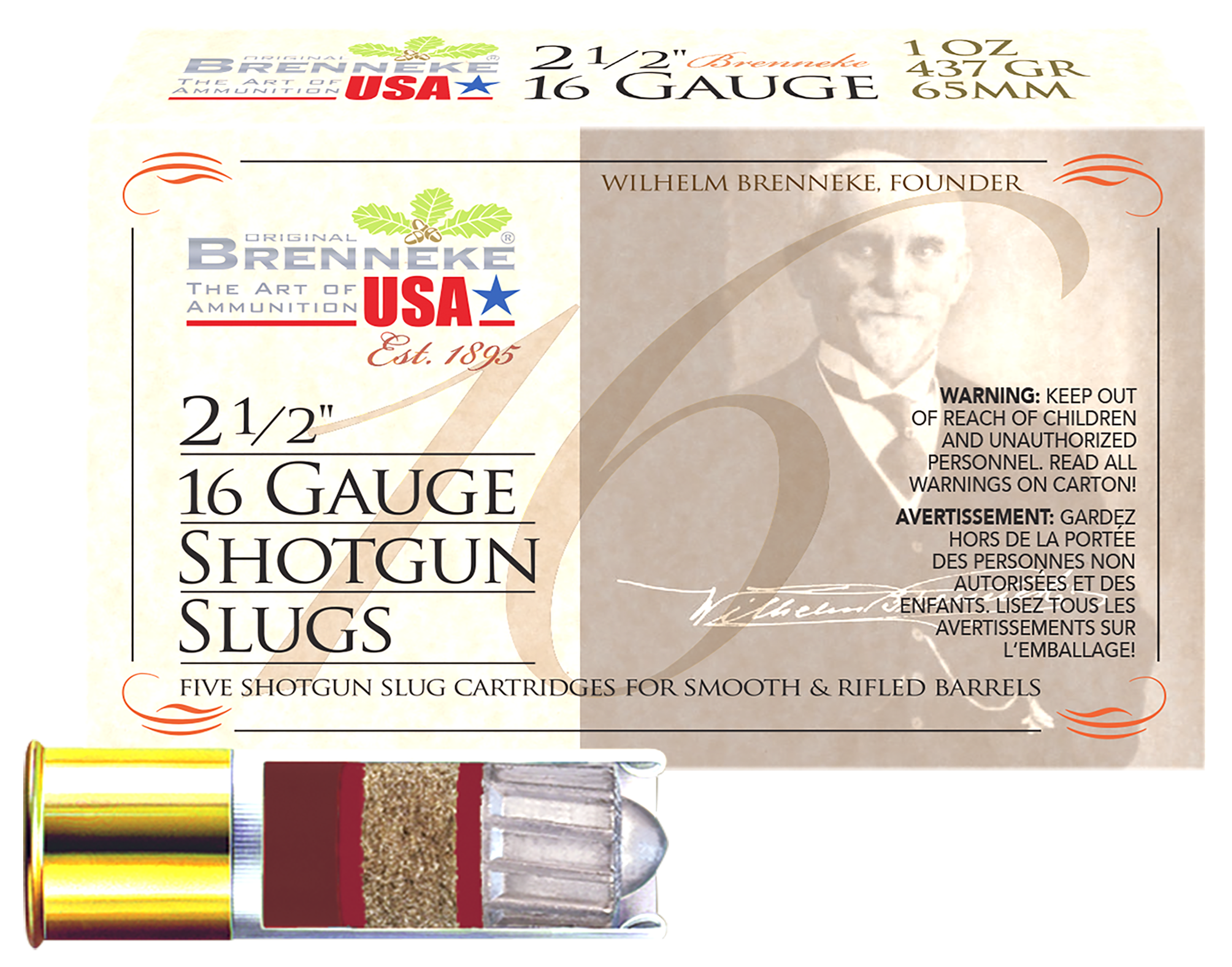 Brenneke SL162BR Brenneke 16 16Gauge 2.50" 1oz Slug Shot 5 Per Box/50 Case