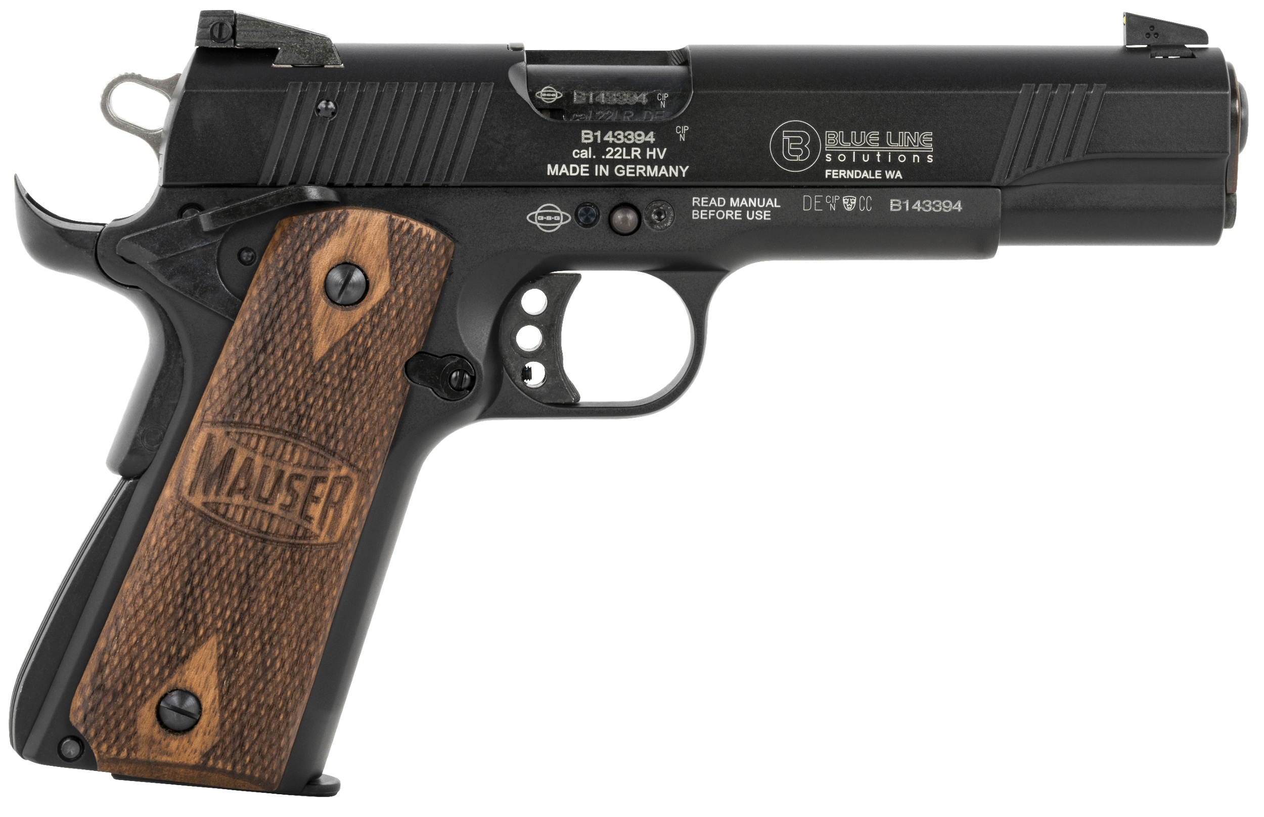 Mauser Rimfire 4110605 1911  22 LR 10+1 5" Black Steel Barrel, Black Aluminum Slide, Black Aluminum Frame w/Beavertail, Walnut Grip, Ambidextrous