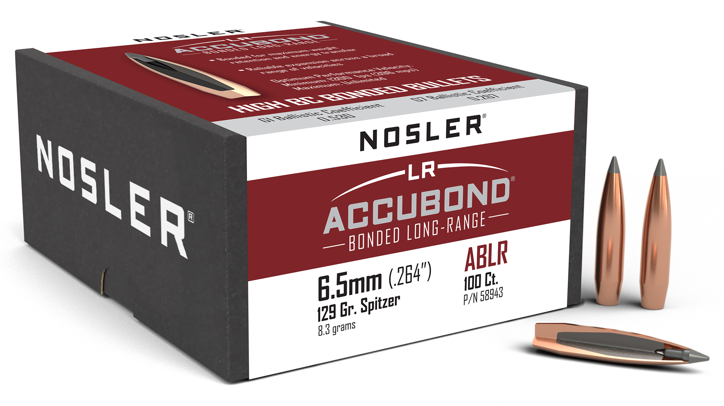 Nosler 58943 AccuBond Long Range 6.5Creedmoor 129gr Spitzer Point 100/Box
